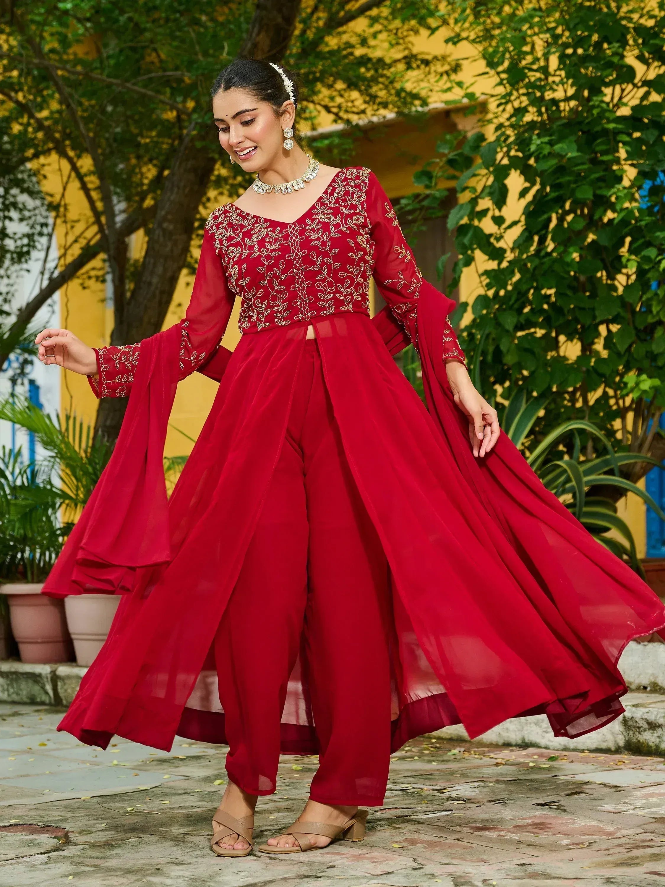 Stunning Maroon Beads Work Georgette Festive Wear Salwar Kameez