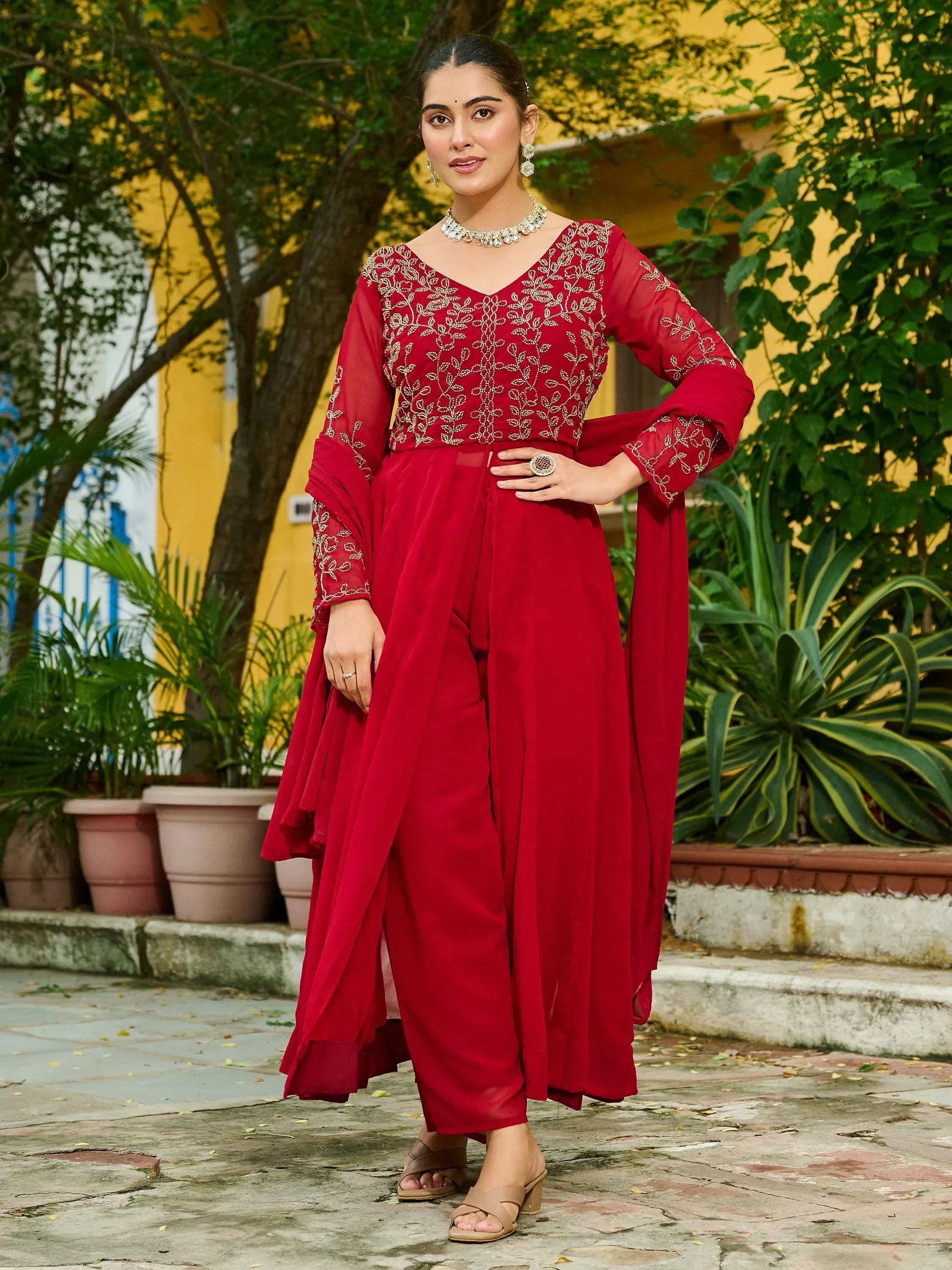 Stunning Maroon Beads Work Georgette Festive Wear Salwar Kameez
