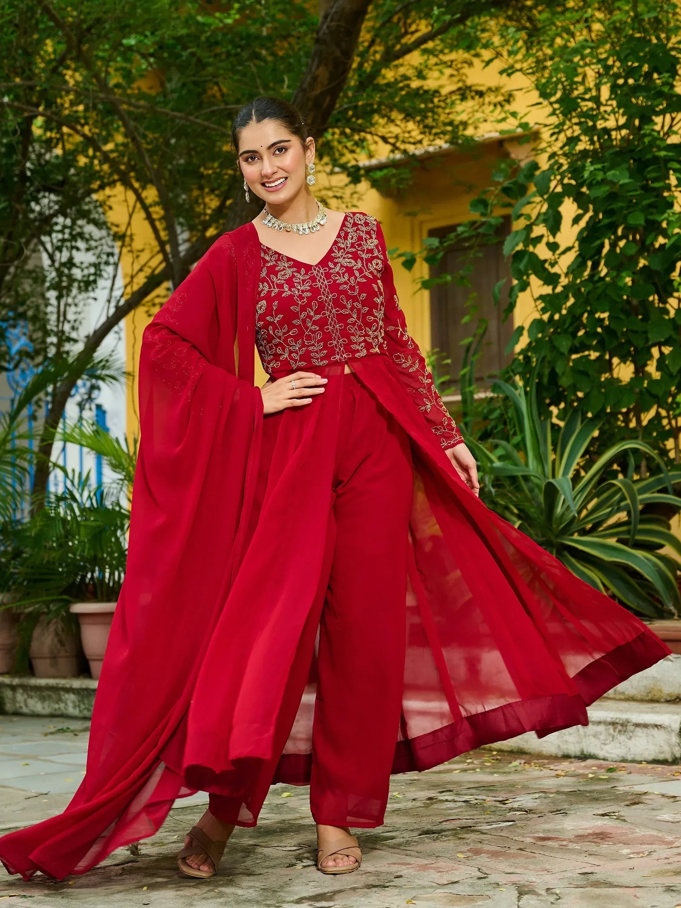 Stunning Maroon Beads Work Georgette Festive Wear Salwar Kameez
