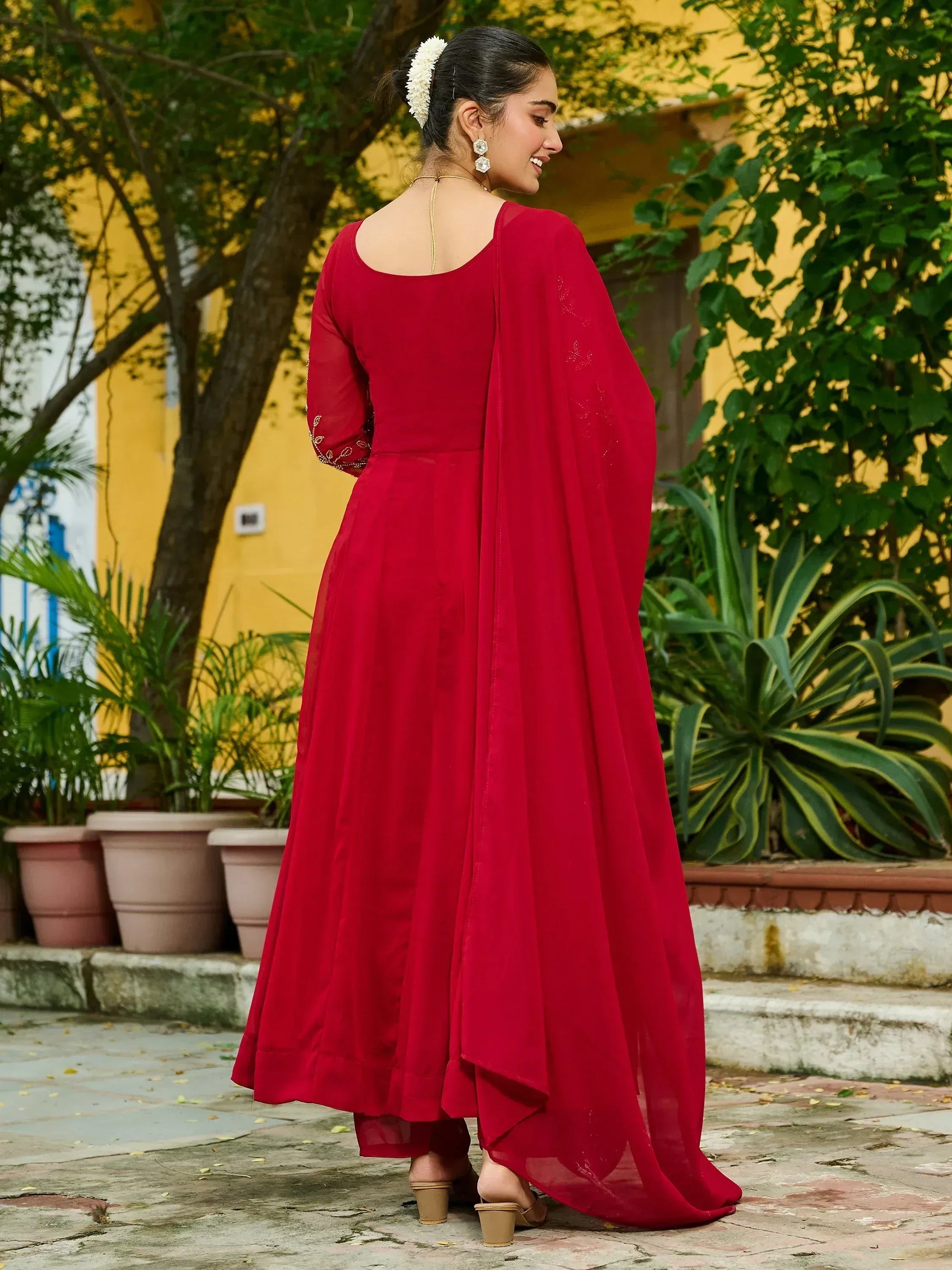 Stunning Maroon Beads Work Georgette Festive Wear Salwar Kameez