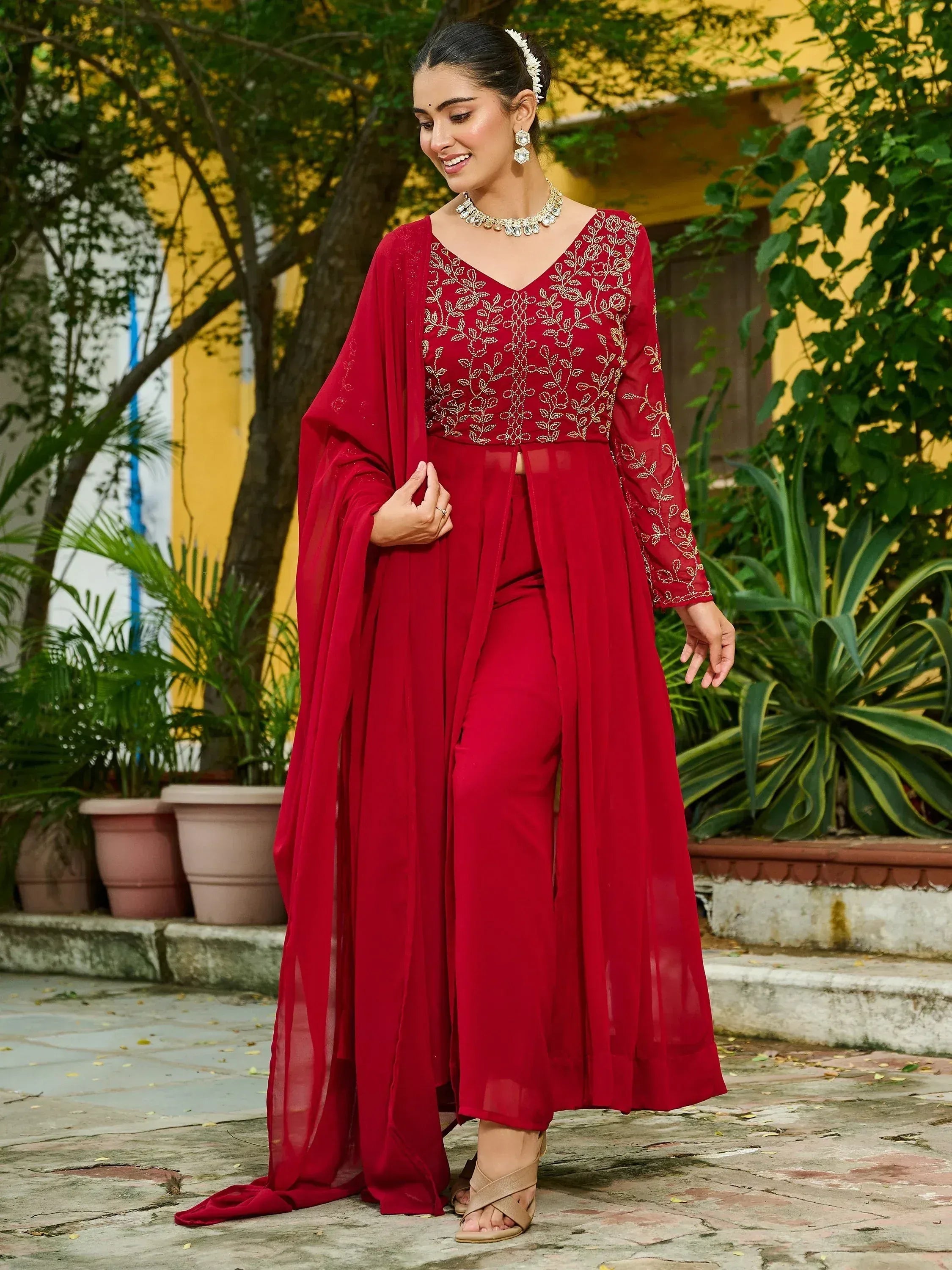 Stunning Maroon Beads Work Georgette Festive Wear Salwar Kameez