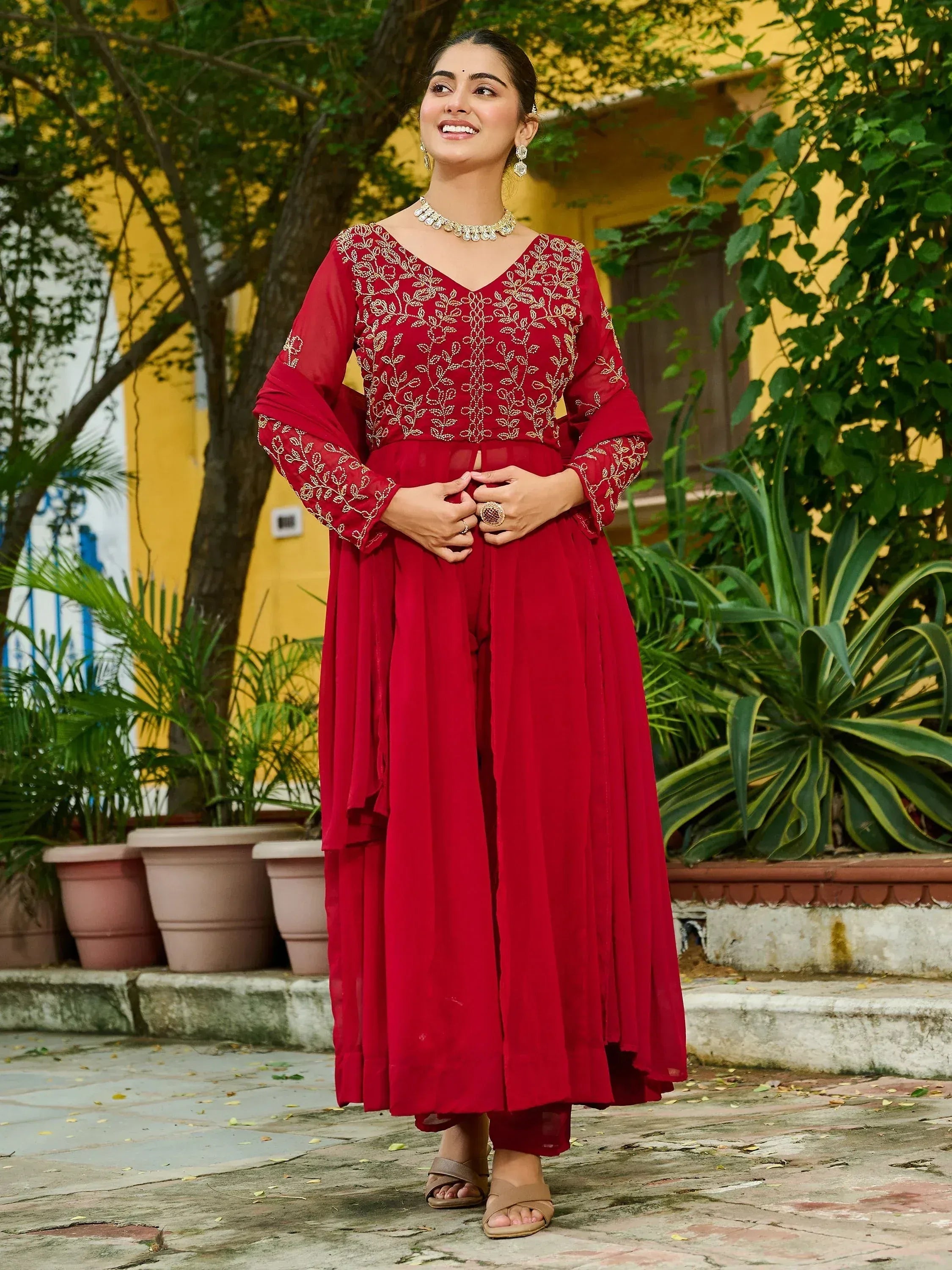 Stunning Maroon Beads Work Georgette Festive Wear Salwar Kameez