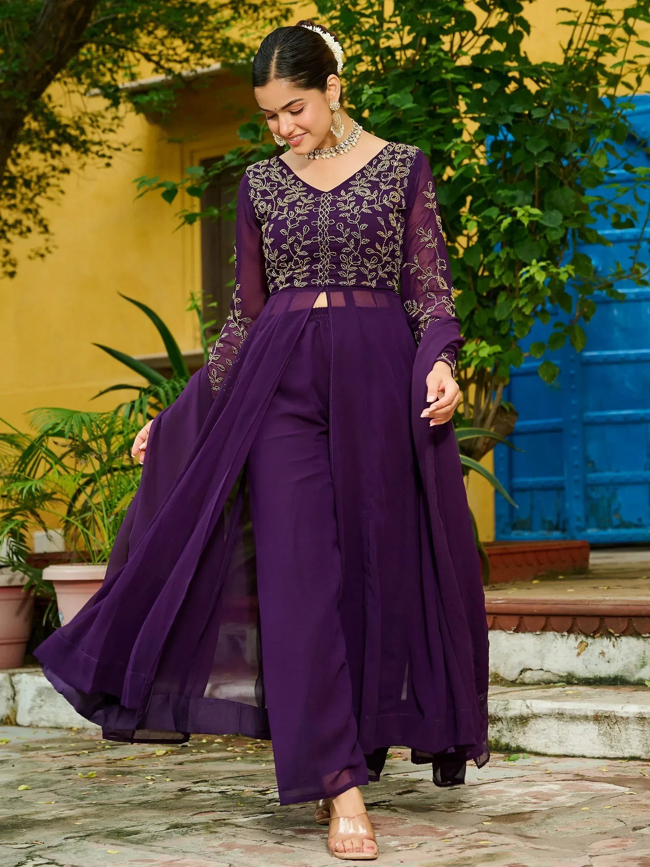 Elegant Purple Thread Embroidered Georgette Festive Wear Salwar Kameez