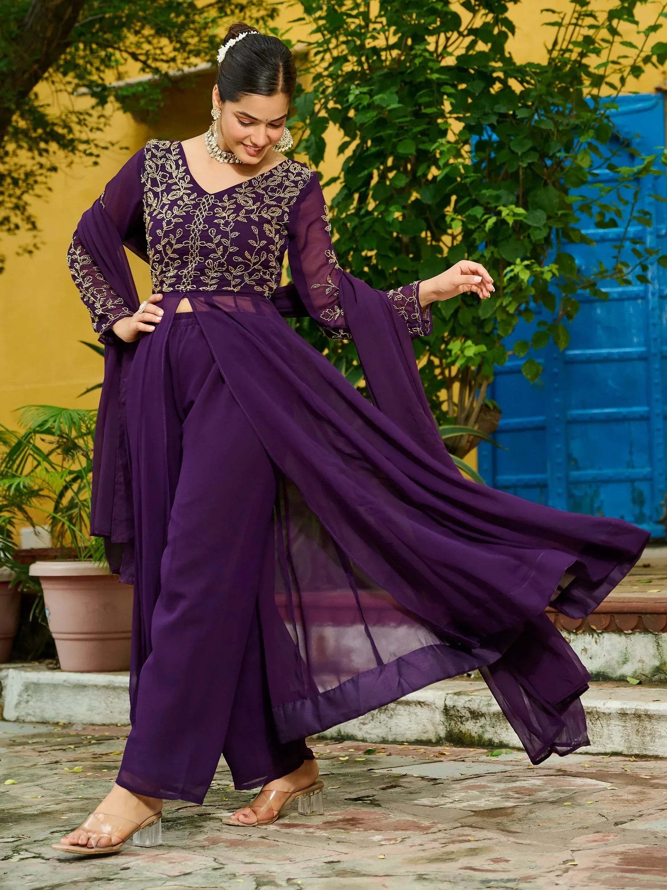 Elegant Purple Thread Embroidered Georgette Festive Wear Salwar Kameez