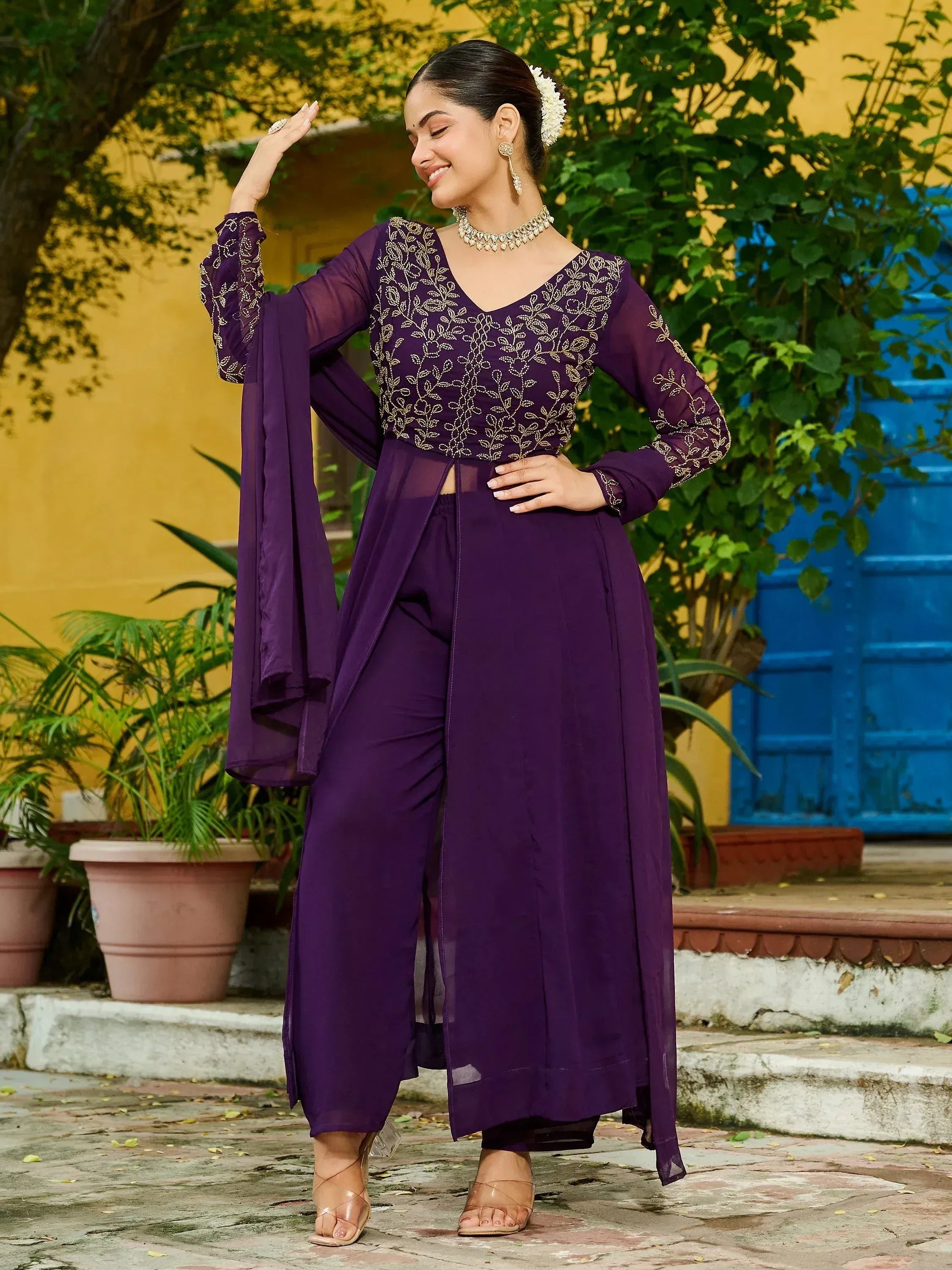 Elegant Purple Thread Embroidered Georgette Festive Wear Salwar Kameez