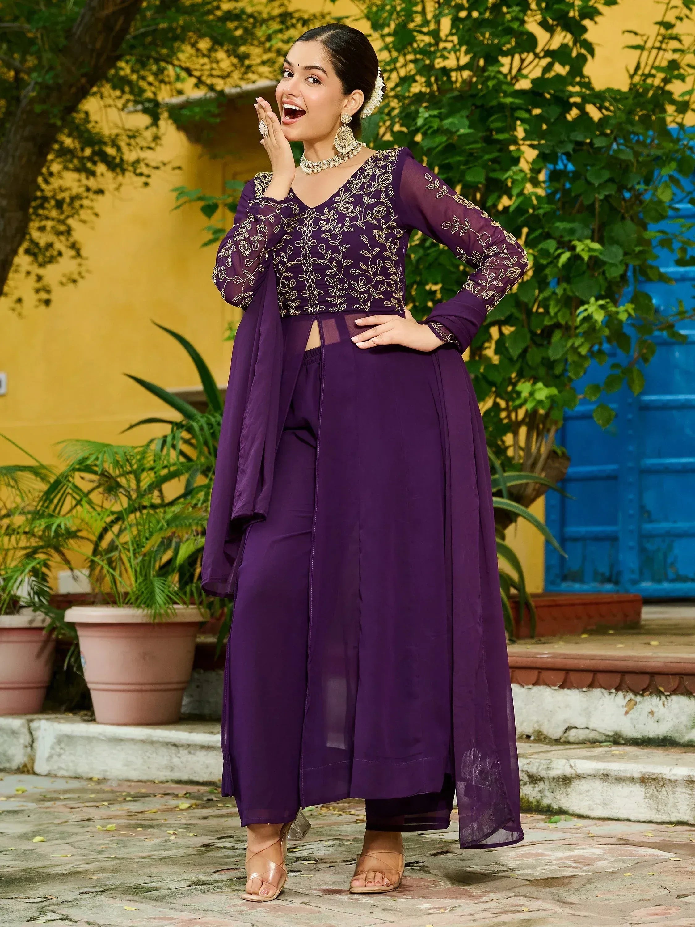 Elegant Purple Thread Embroidered Georgette Festive Wear Salwar Kameez