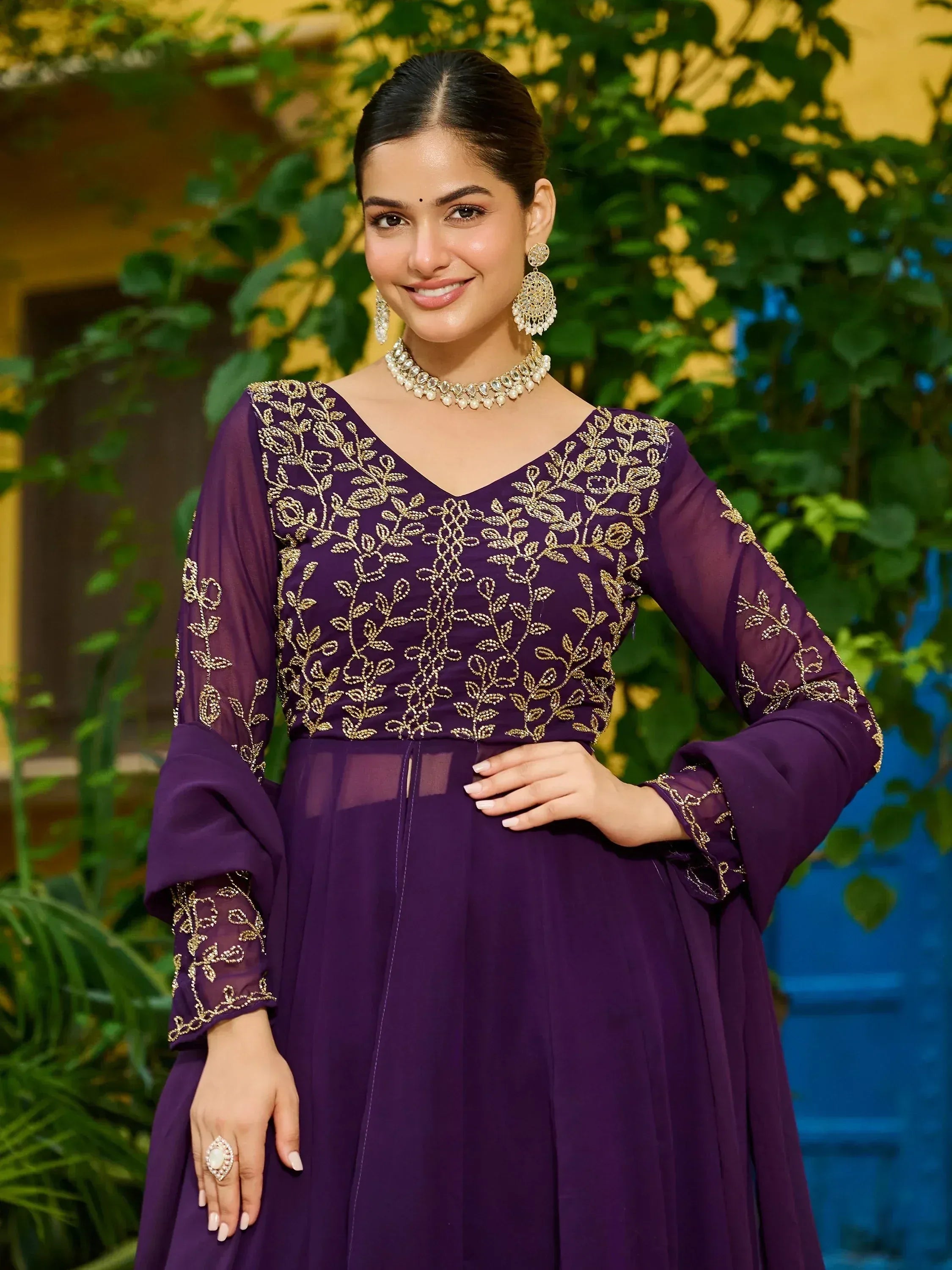 Elegant Purple Thread Embroidered Georgette Festive Wear Salwar Kameez