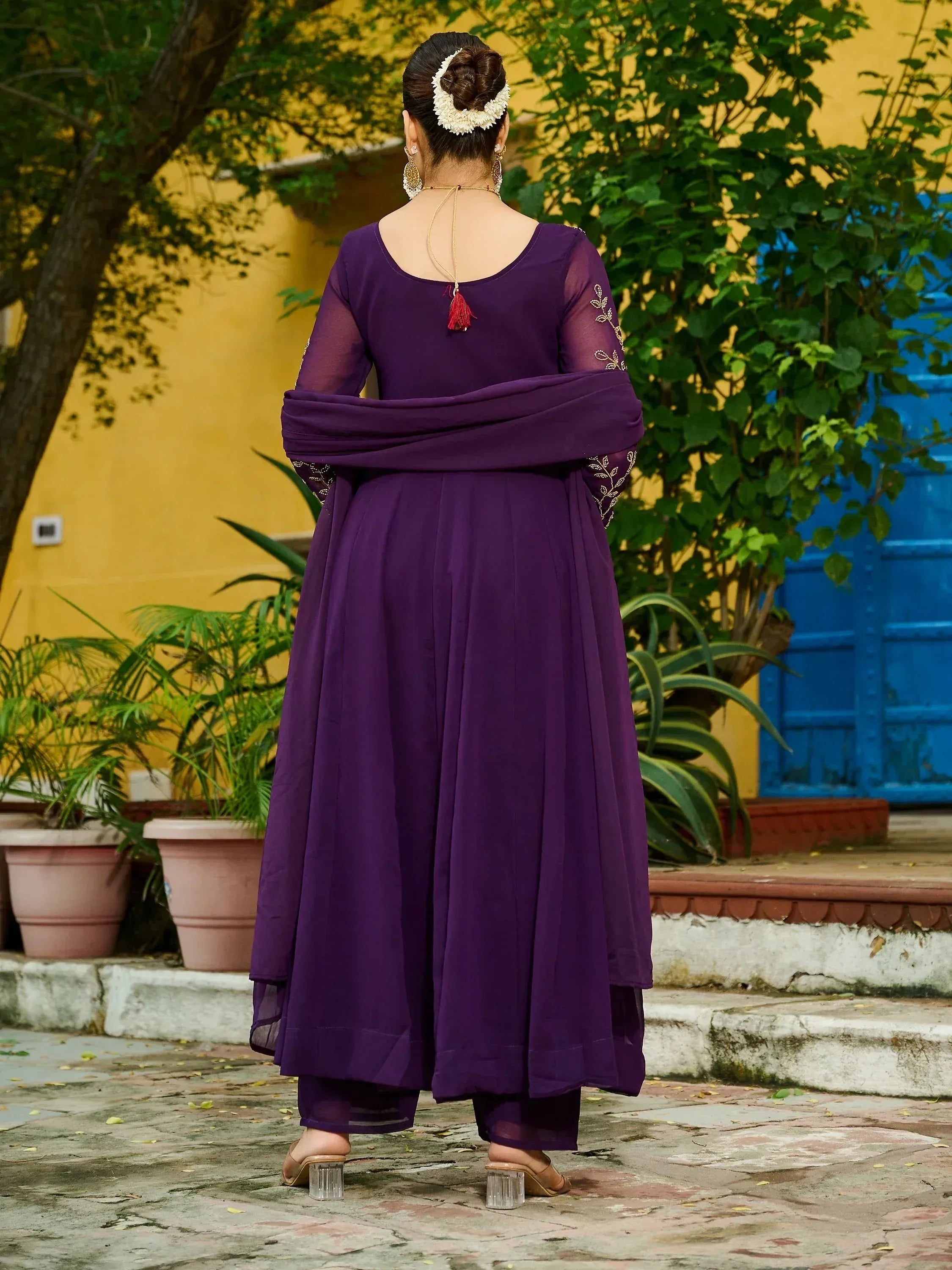 Elegant Purple Thread Embroidered Georgette Festive Wear Salwar Kameez