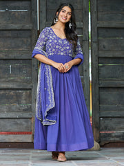 Attractive Blue Sequins Georgette Festive Wear Gown With Dupatta