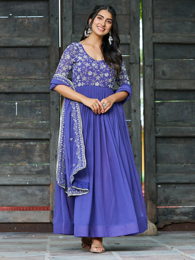 Attractive Blue Sequins Georgette Festive Wear Gown With Dupatta