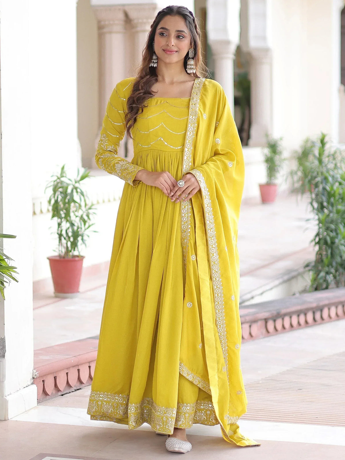 Yellow embroidered anarkali suit with dupatta, Indian ethnic wear for women