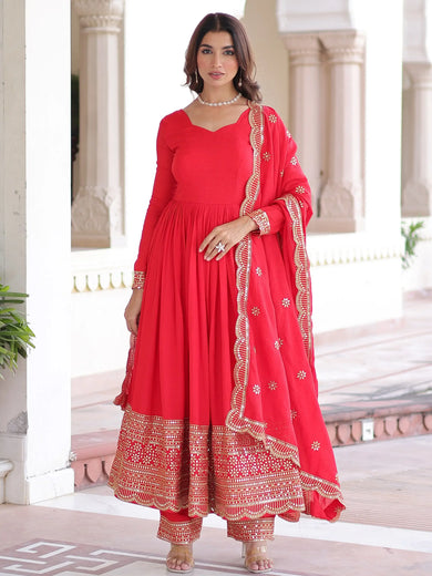 Impressive Red Sequins Embroidered Silk Festive Wear Anarakali Suit