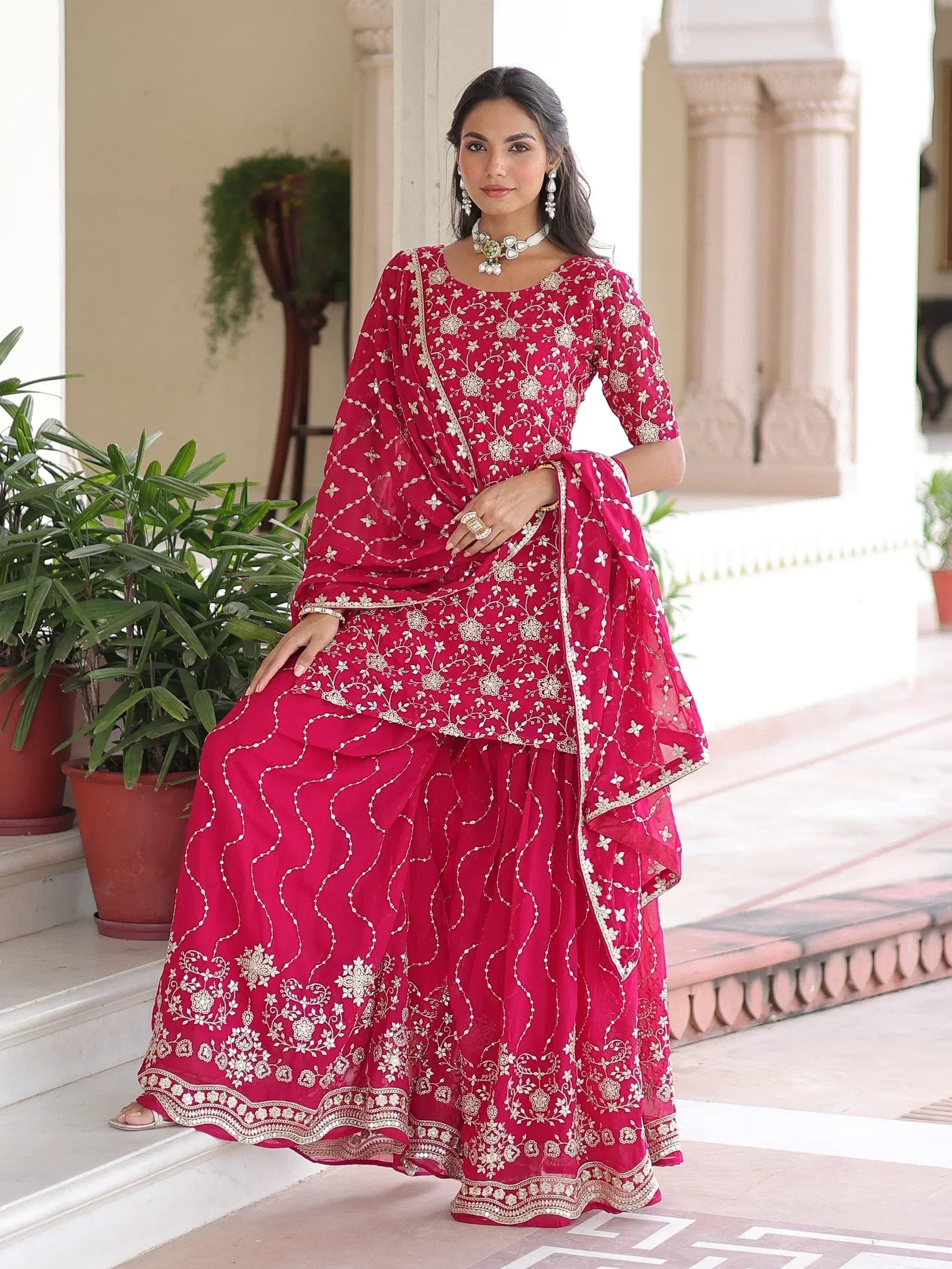 Pretty Pink Georgette Sequins Embroidered Festive Wear Sharara Suit