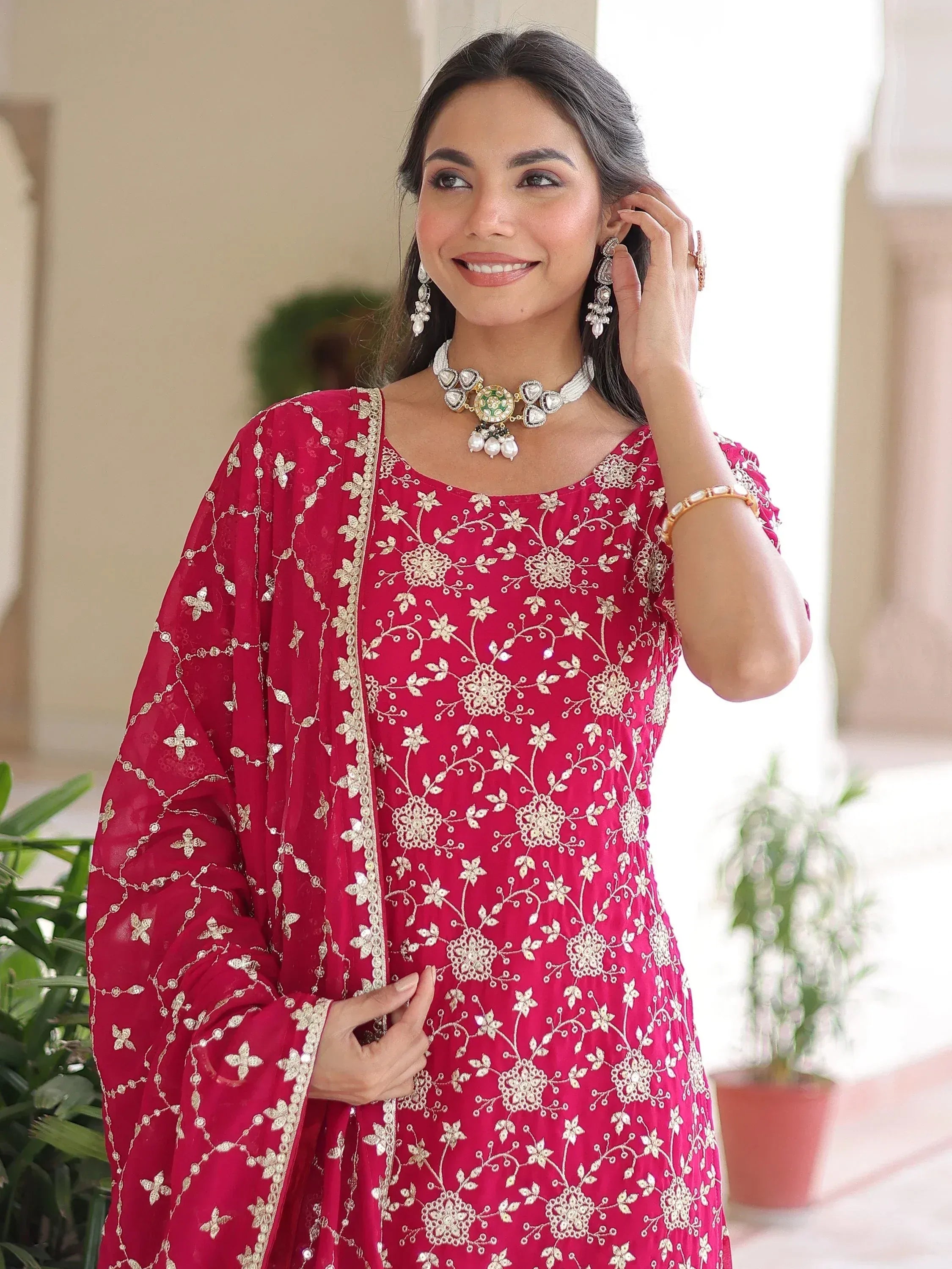 Pretty Pink Georgette Sequins Embroidered Festive Wear Sharara Suit