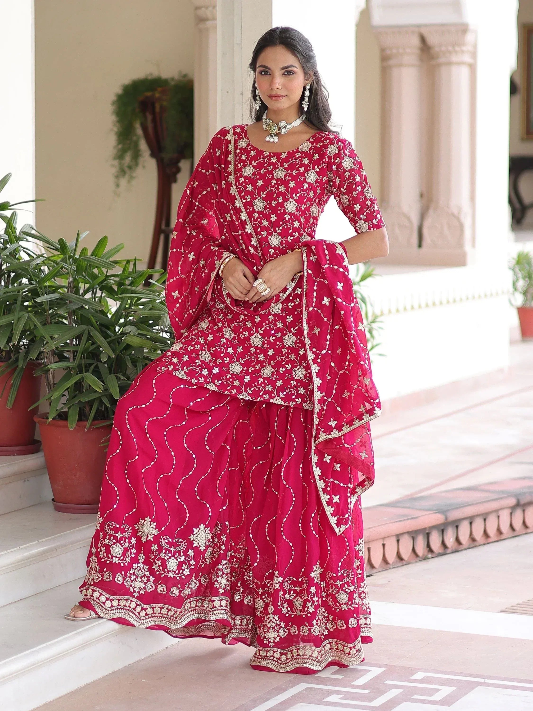 Pretty Pink Georgette Sequins Embroidered Festive Wear Sharara Suit