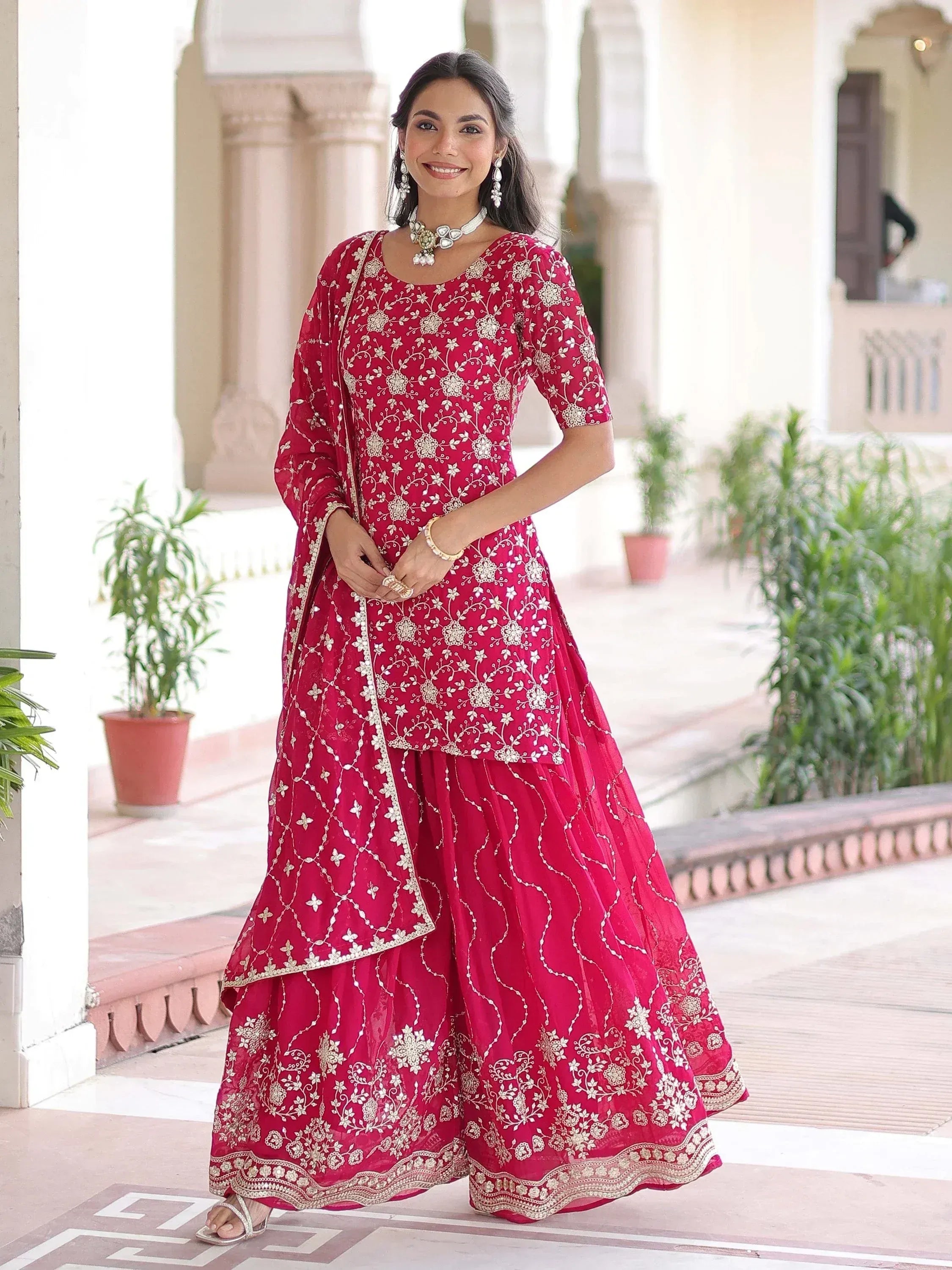 Pretty Pink Georgette Sequins Embroidered Festive Wear Sharara Suit