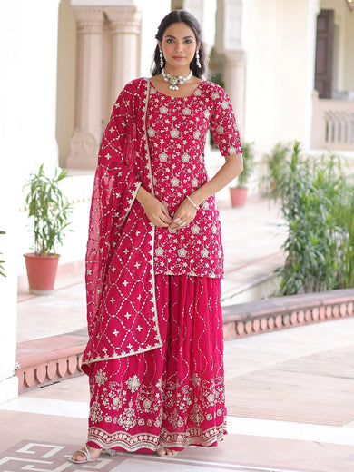 Pretty Pink Georgette Sequins Embroidered Festive Wear Sharara Suit