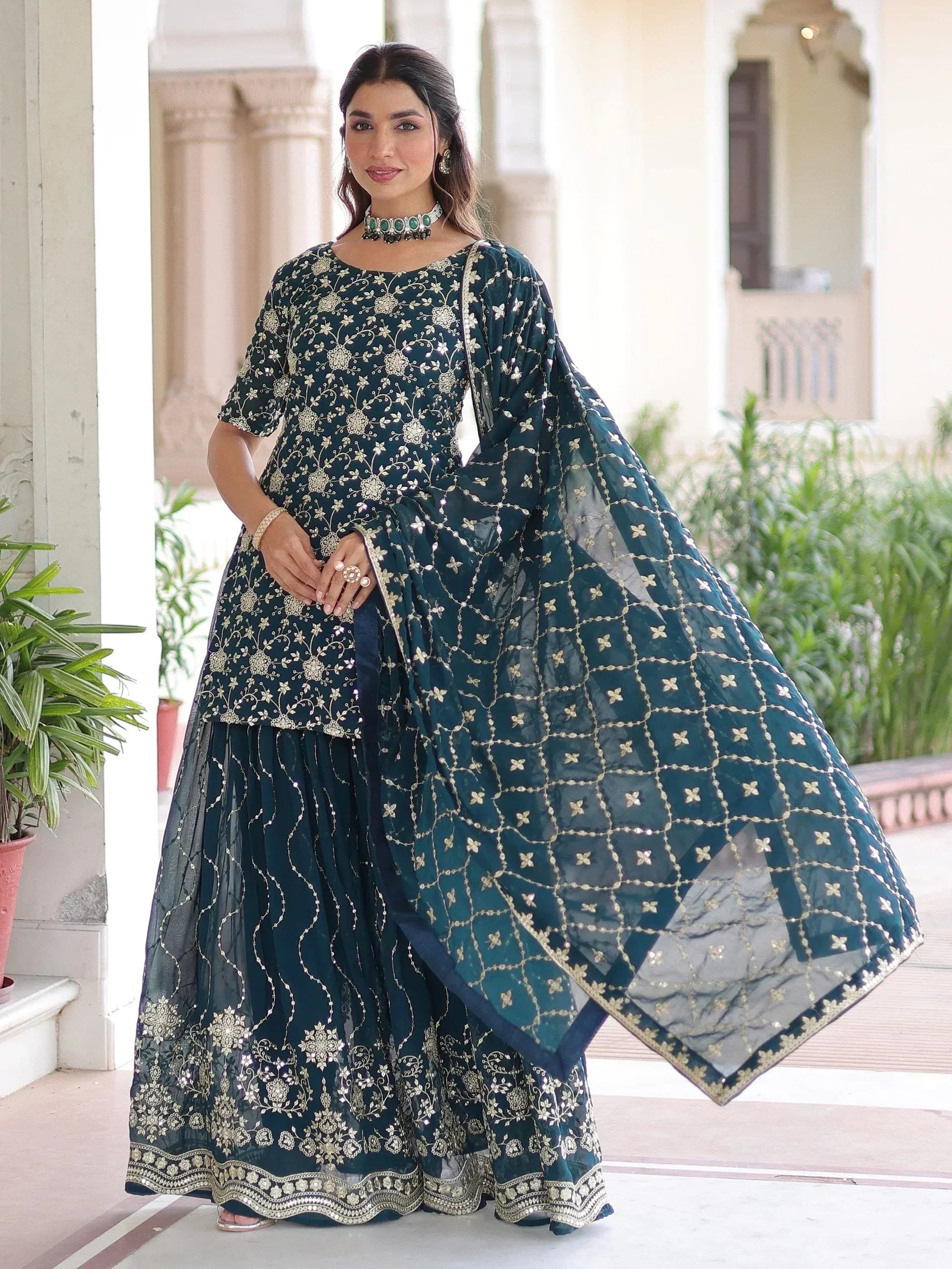 Lovely Blue Georgette Sequins Embroidered Wedding Wear Sharara Suit