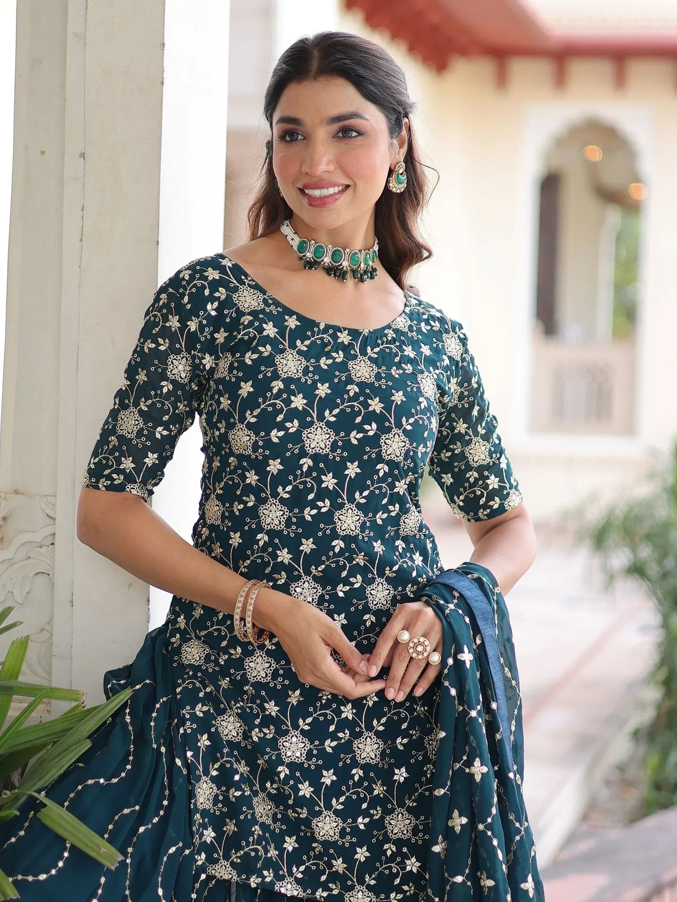 Lovely Blue Georgette Sequins Embroidered Wedding Wear Sharara Suit