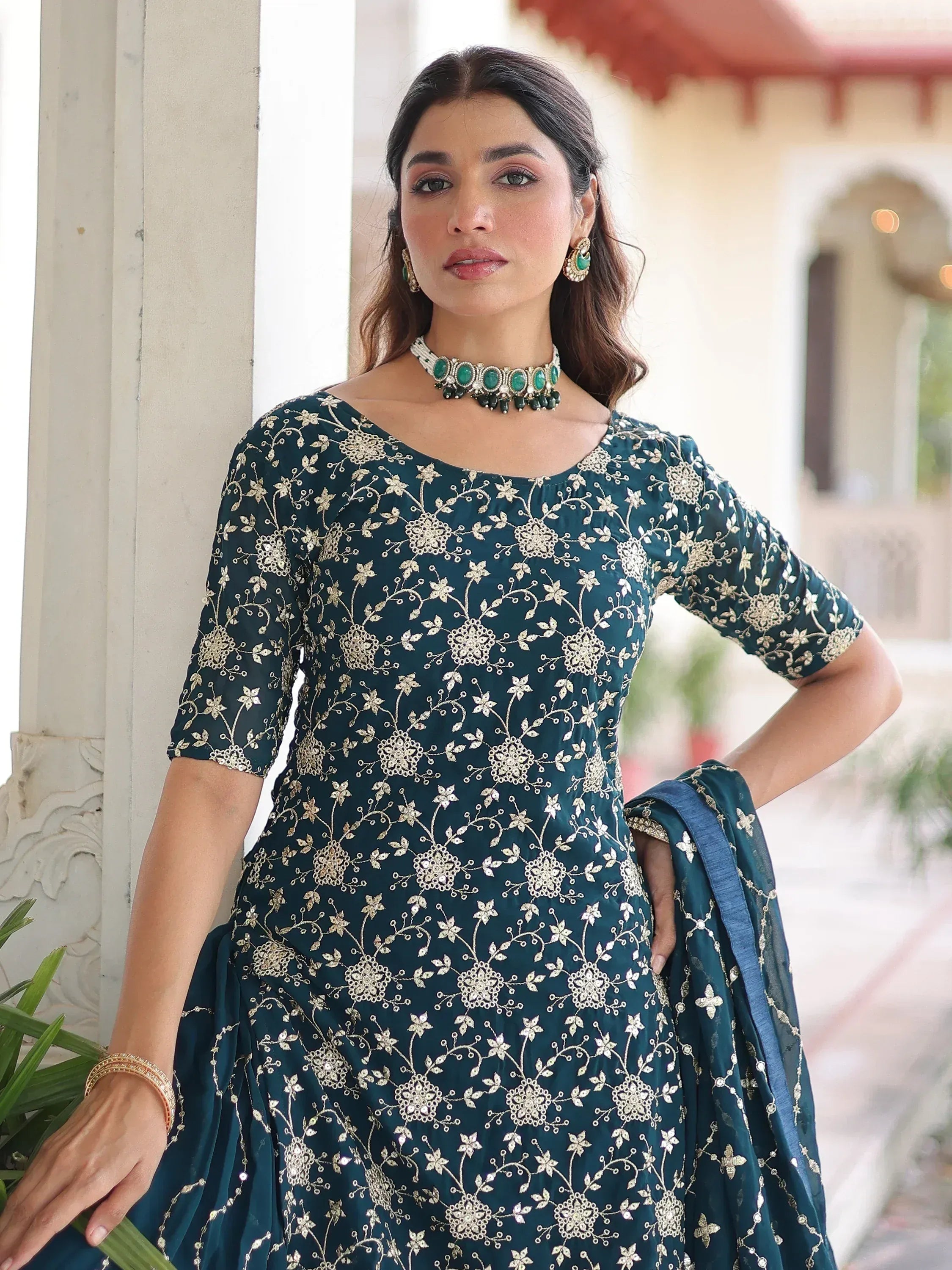 Lovely Blue Georgette Sequins Embroidered Wedding Wear Sharara Suit