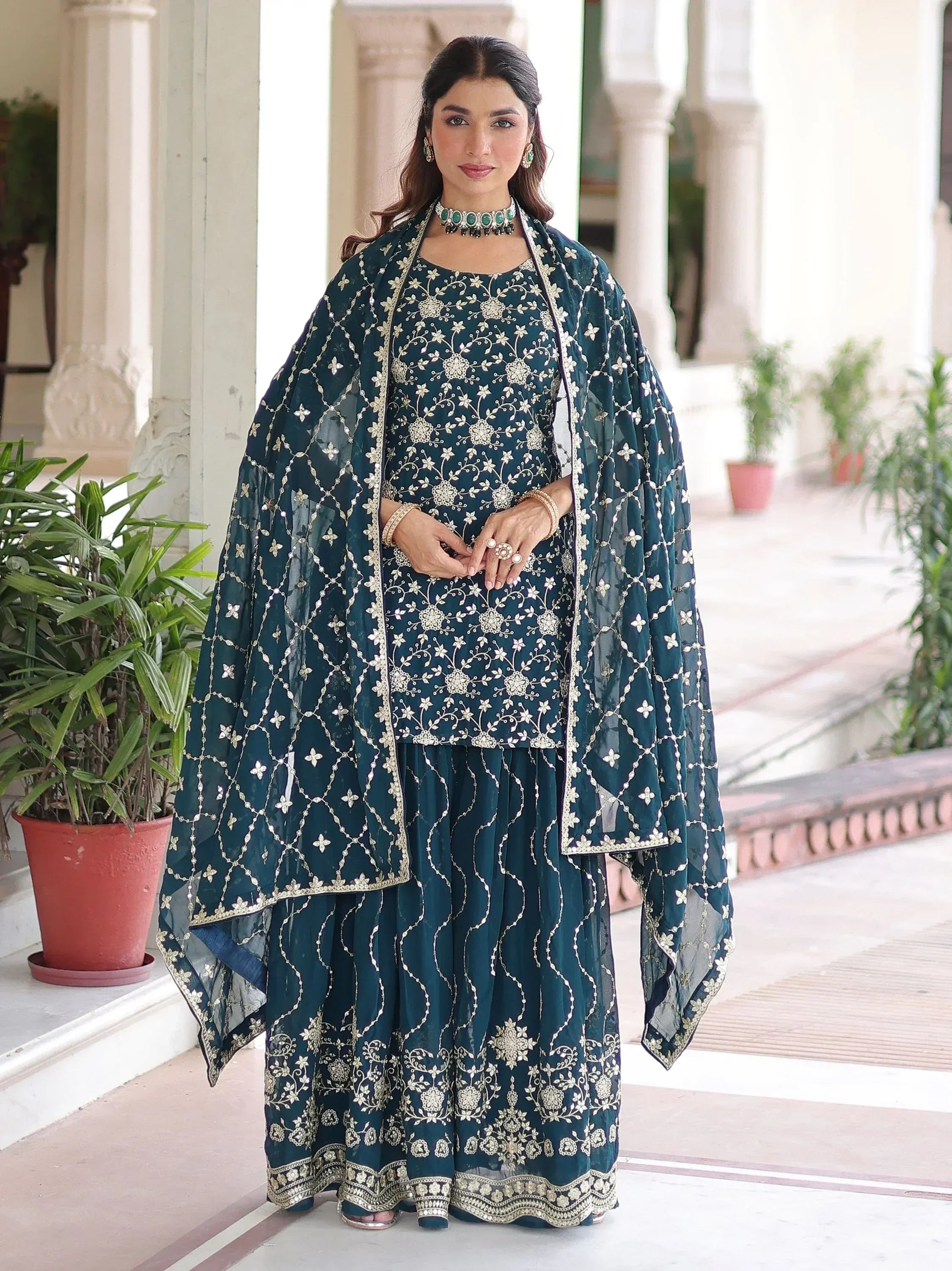Lovely Blue Georgette Sequins Embroidered Wedding Wear Sharara Suit