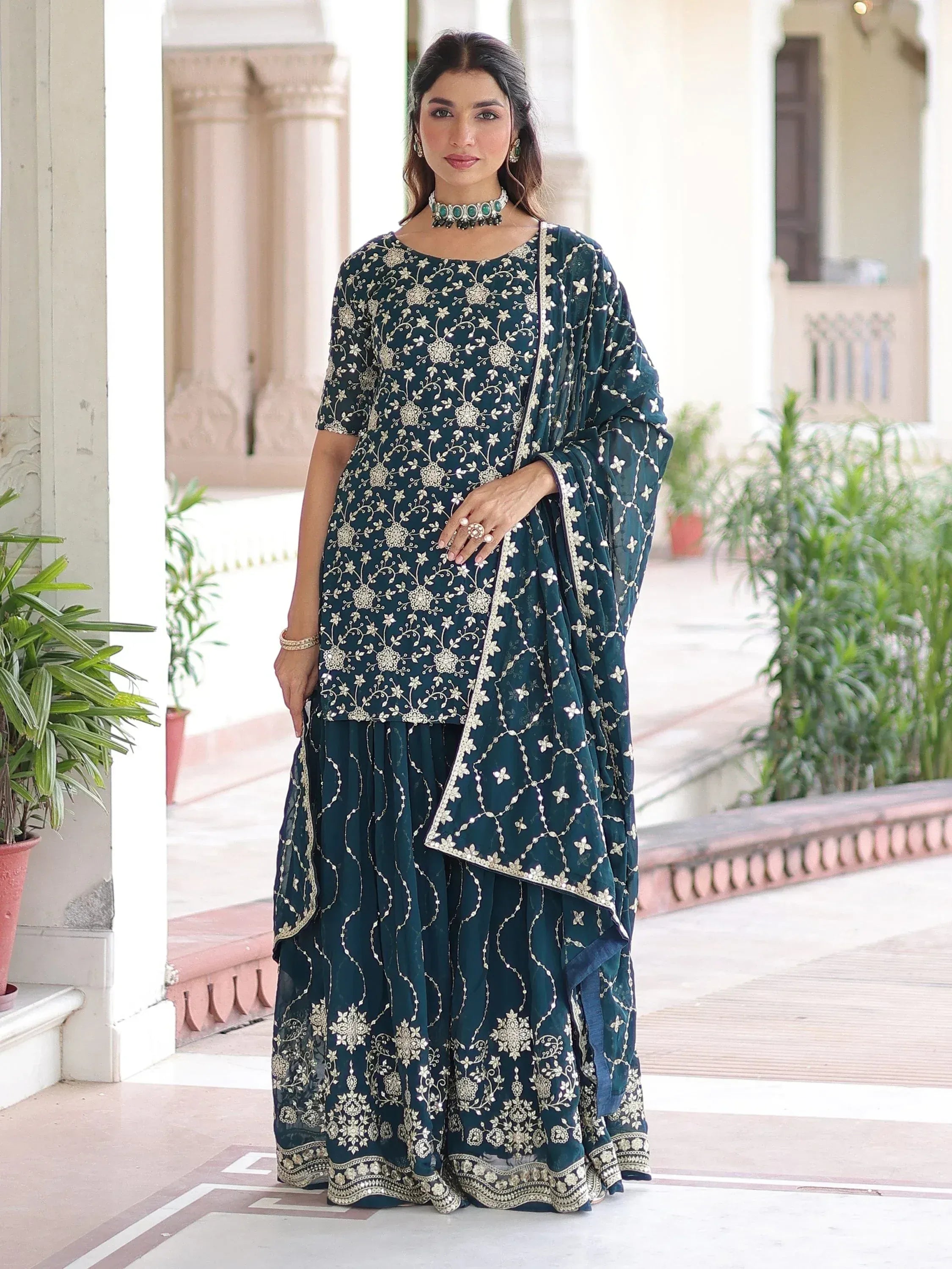 Lovely Blue Georgette Sequins Embroidered Wedding Wear Sharara Suit