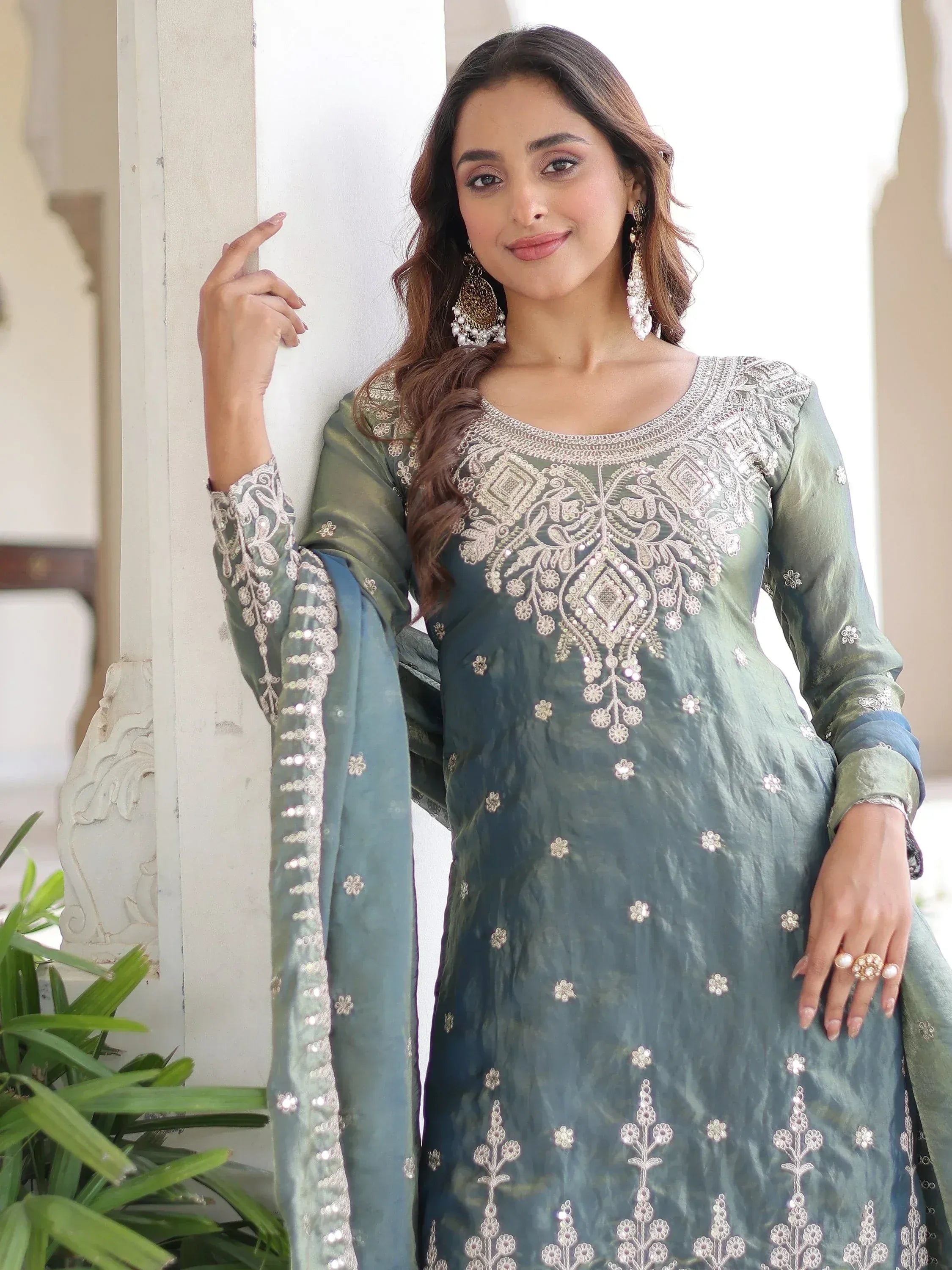 Gorgeous Grey Sequins Embroidered Organza Festive Wear Sharara Suit