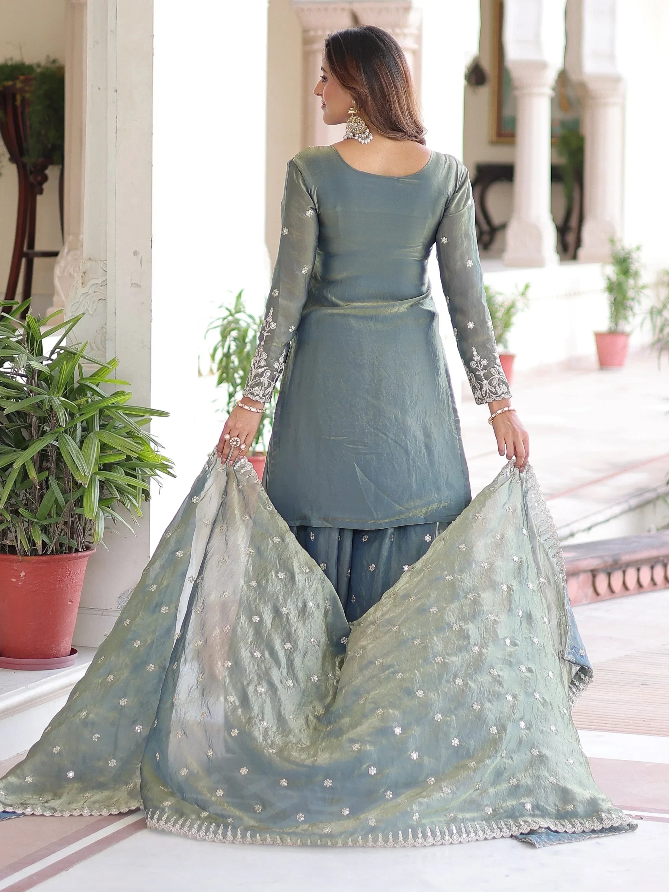 Gorgeous Grey Sequins Embroidered Organza Festive Wear Sharara Suit