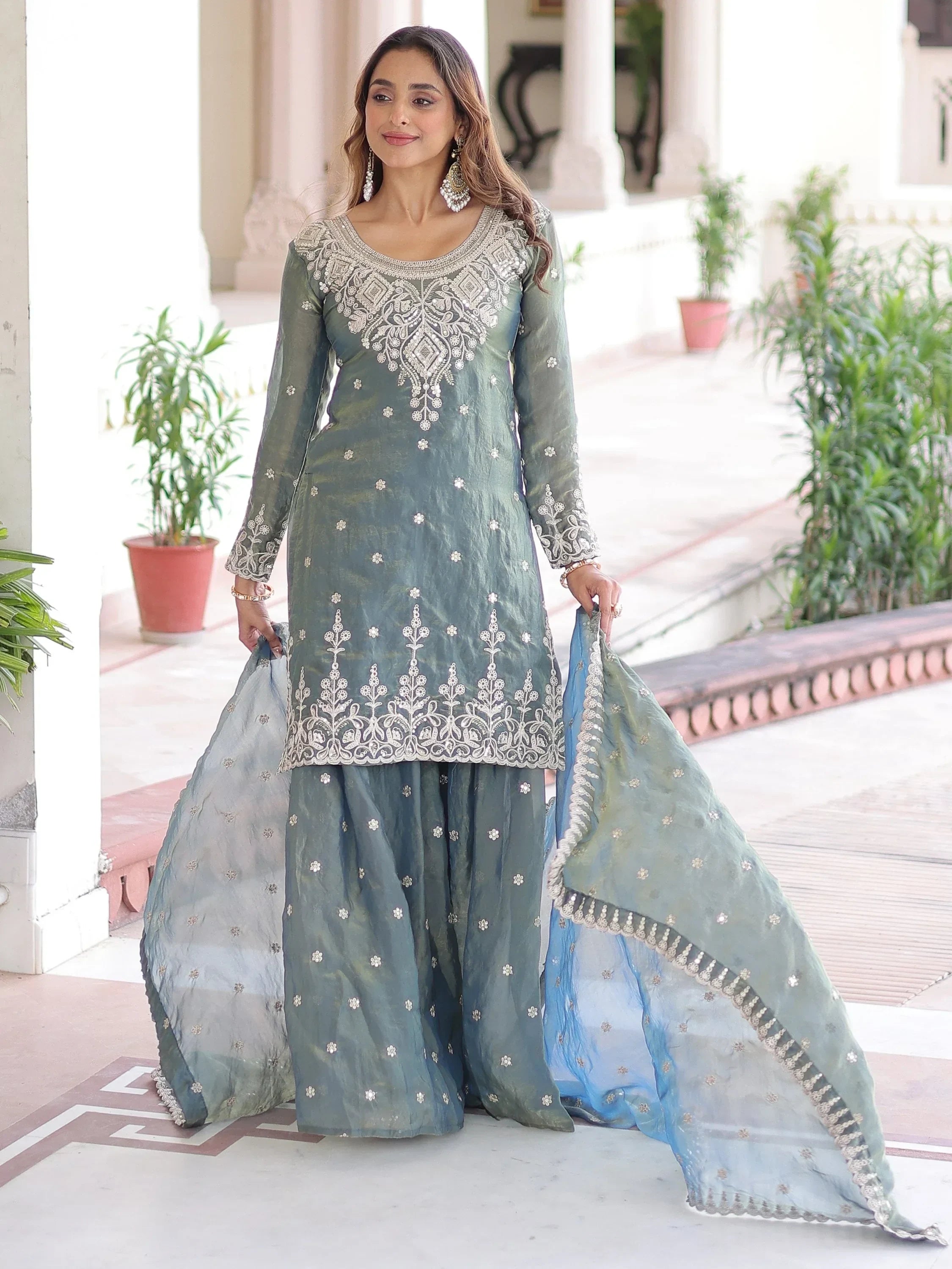 Gorgeous Grey Sequins Embroidered Organza Festive Wear Sharara Suit