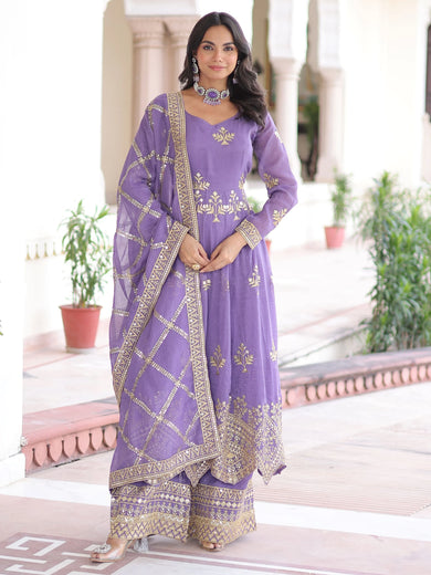 Wonderful Lavender Embroidered Organza Festive Wear Salwar Suit