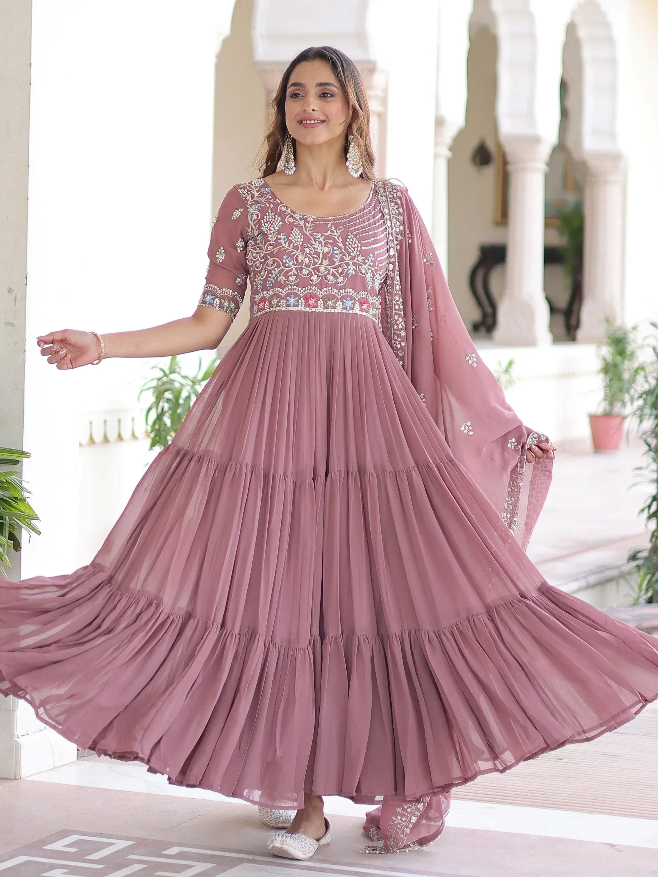 Fantastic Peach Sequins Georgette Festive Wear Gown With Dupatta