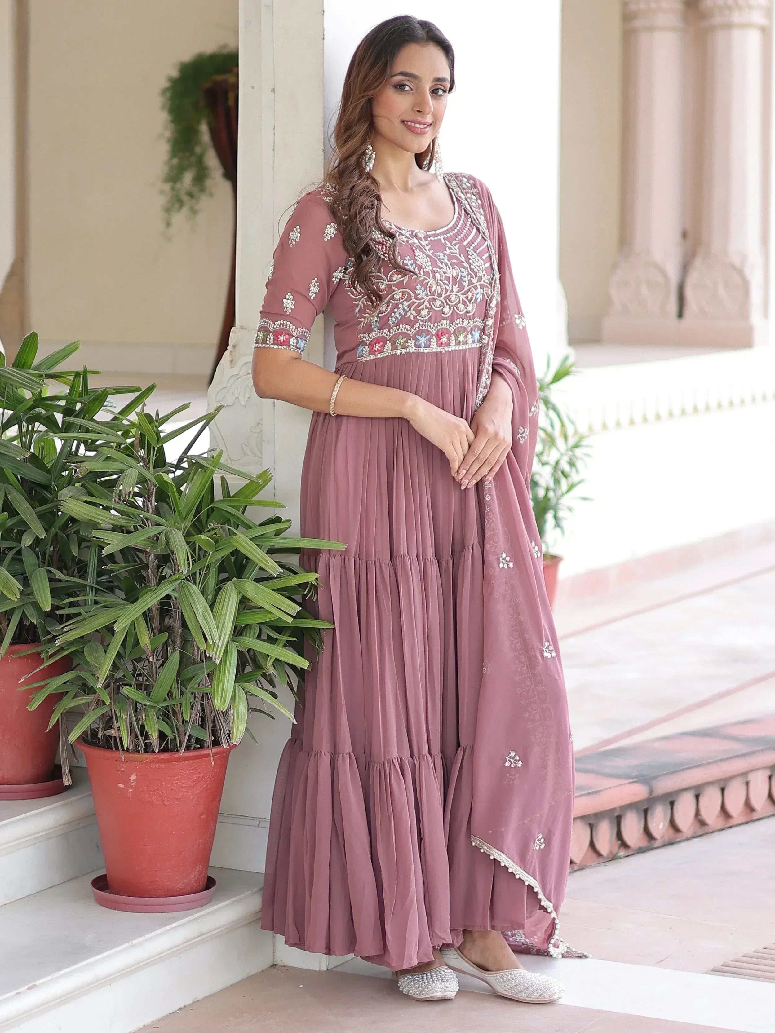 Fantastic Peach Sequins Georgette Festive Wear Gown With Dupatta