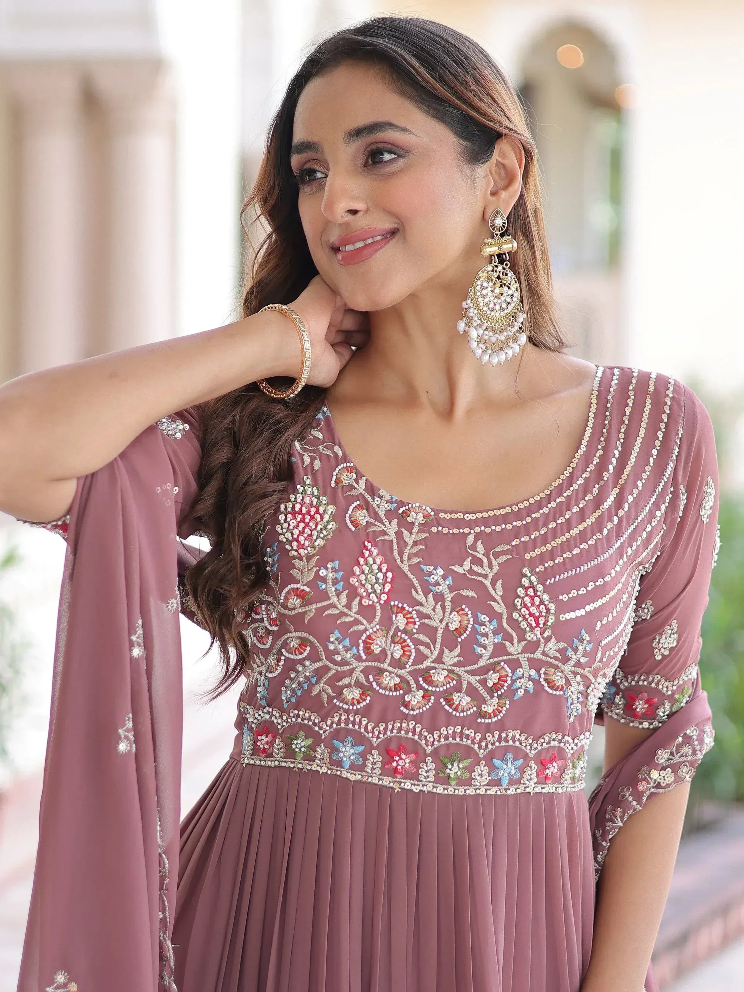 Fantastic Peach Sequins Georgette Festive Wear Gown With Dupatta
