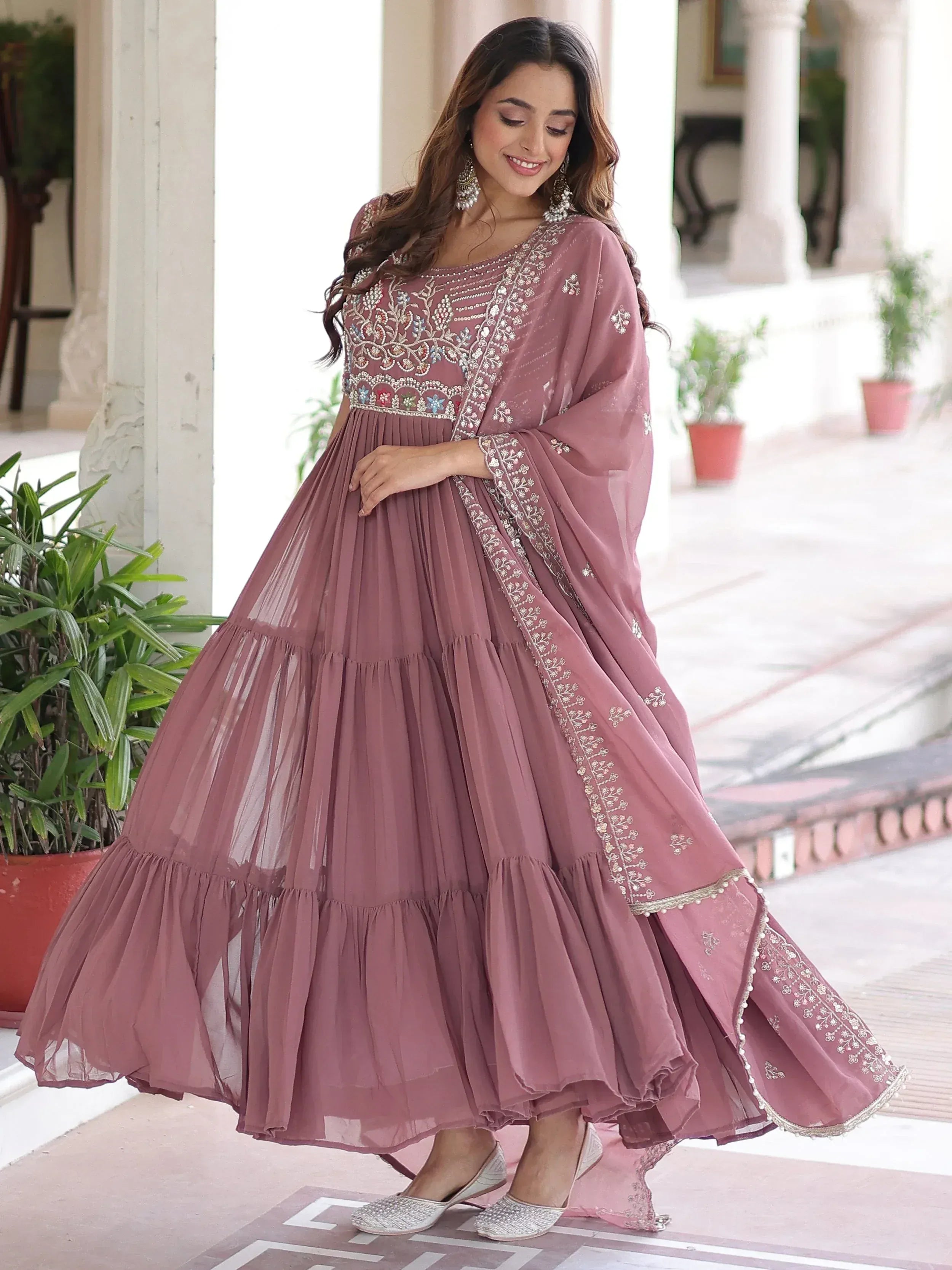Fantastic Peach Sequins Georgette Festive Wear Gown With Dupatta