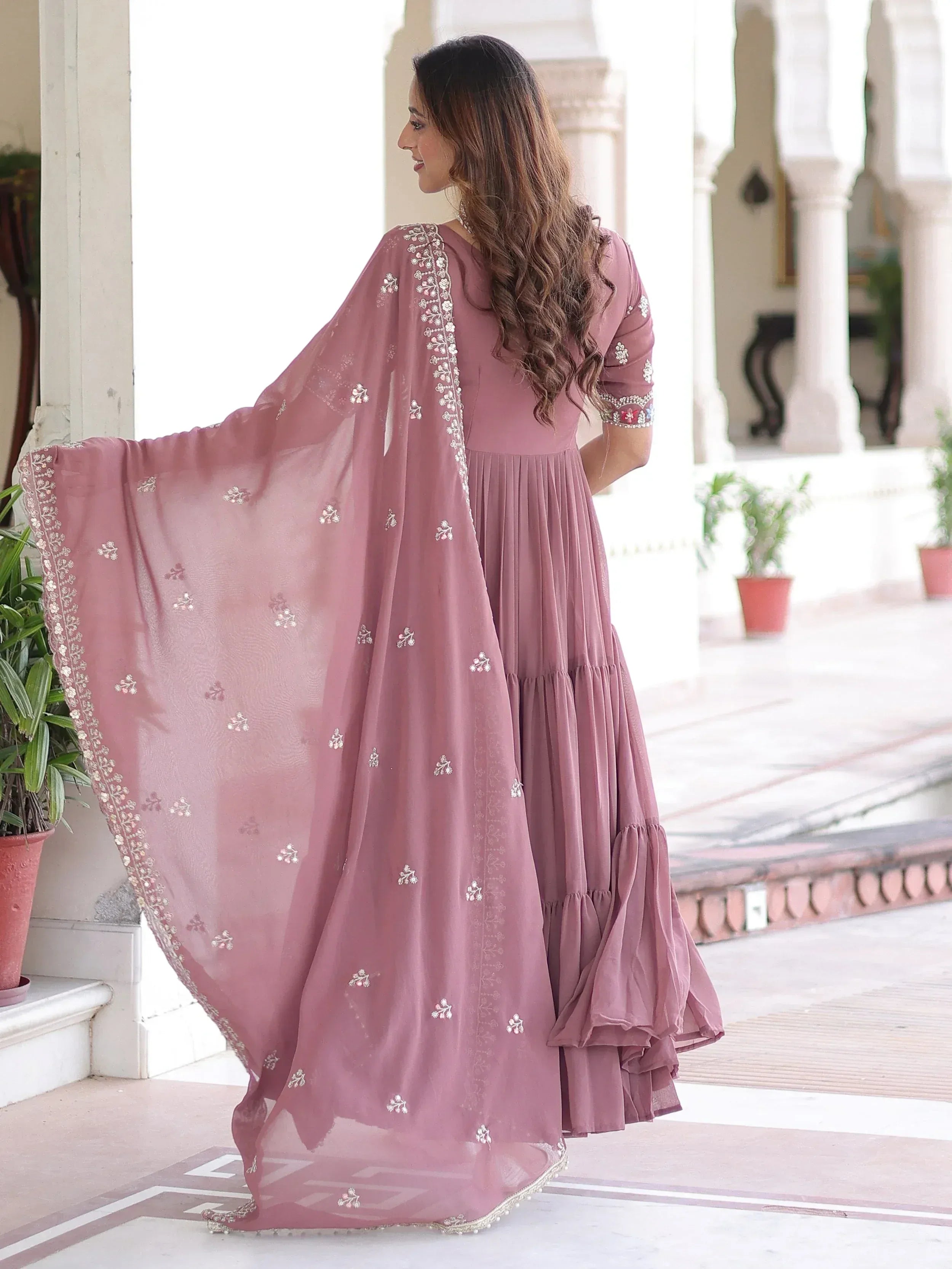 Fantastic Peach Sequins Georgette Festive Wear Gown With Dupatta
