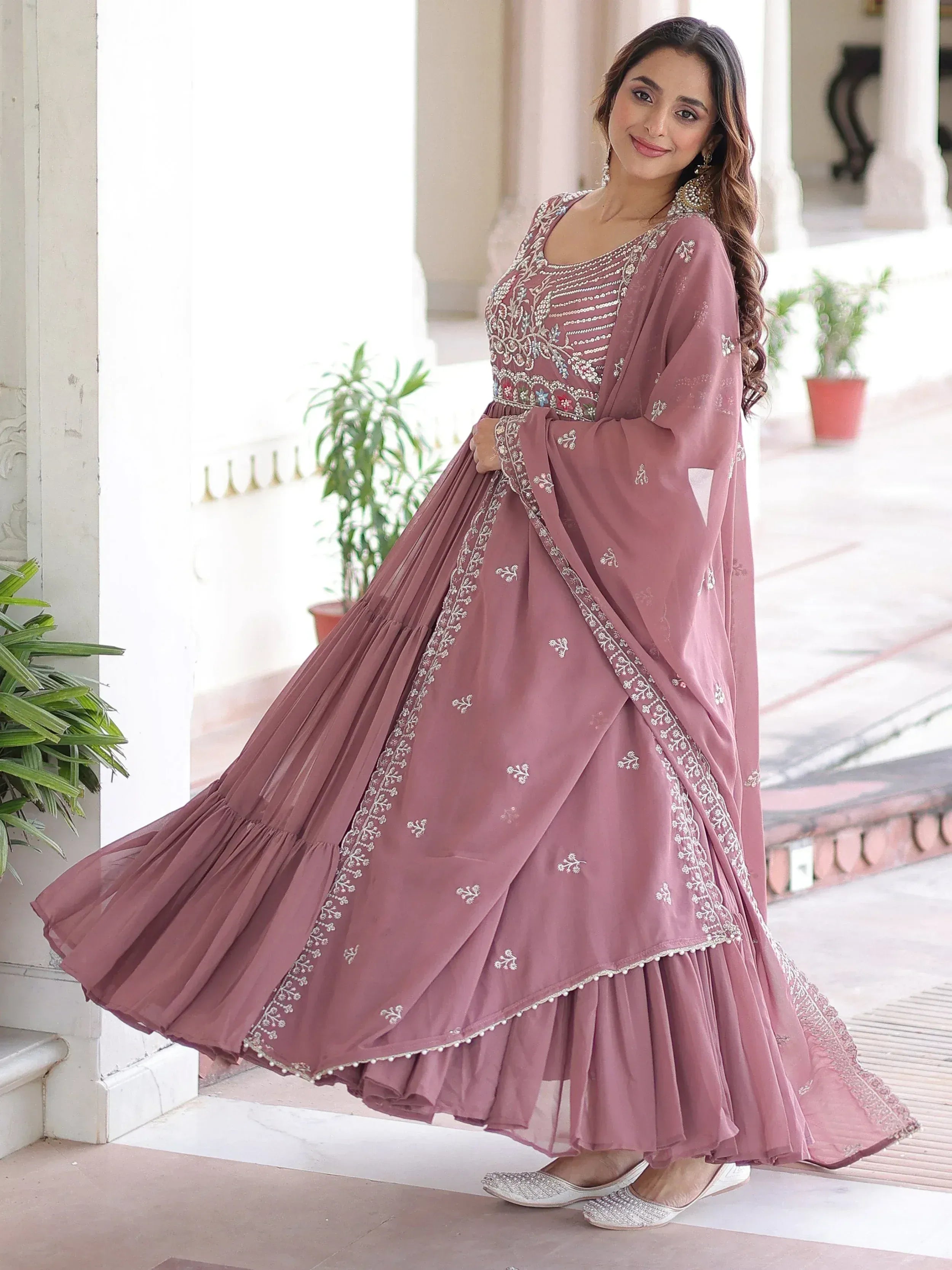 Fantastic Peach Sequins Georgette Festive Wear Gown With Dupatta