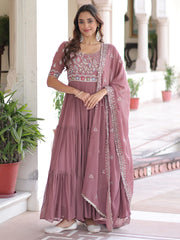 Fantastic Peach Sequins Georgette Festive Wear Gown With Dupatta