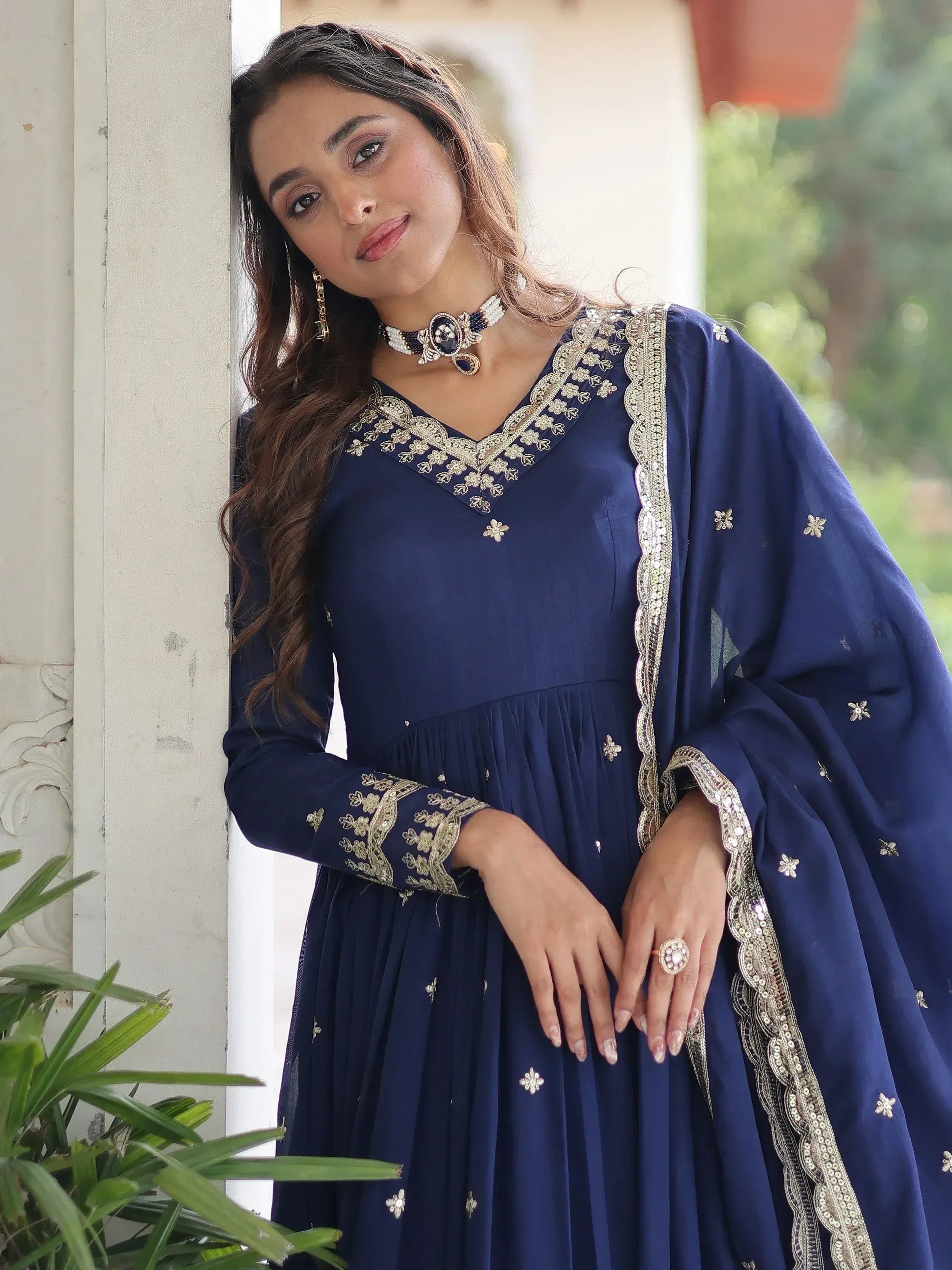Gorgeous Blue Embroidered Silk Festival Wear Gown With Dupatta