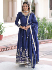 Gorgeous Blue Embroidered Silk Festival Wear Gown With Dupatta