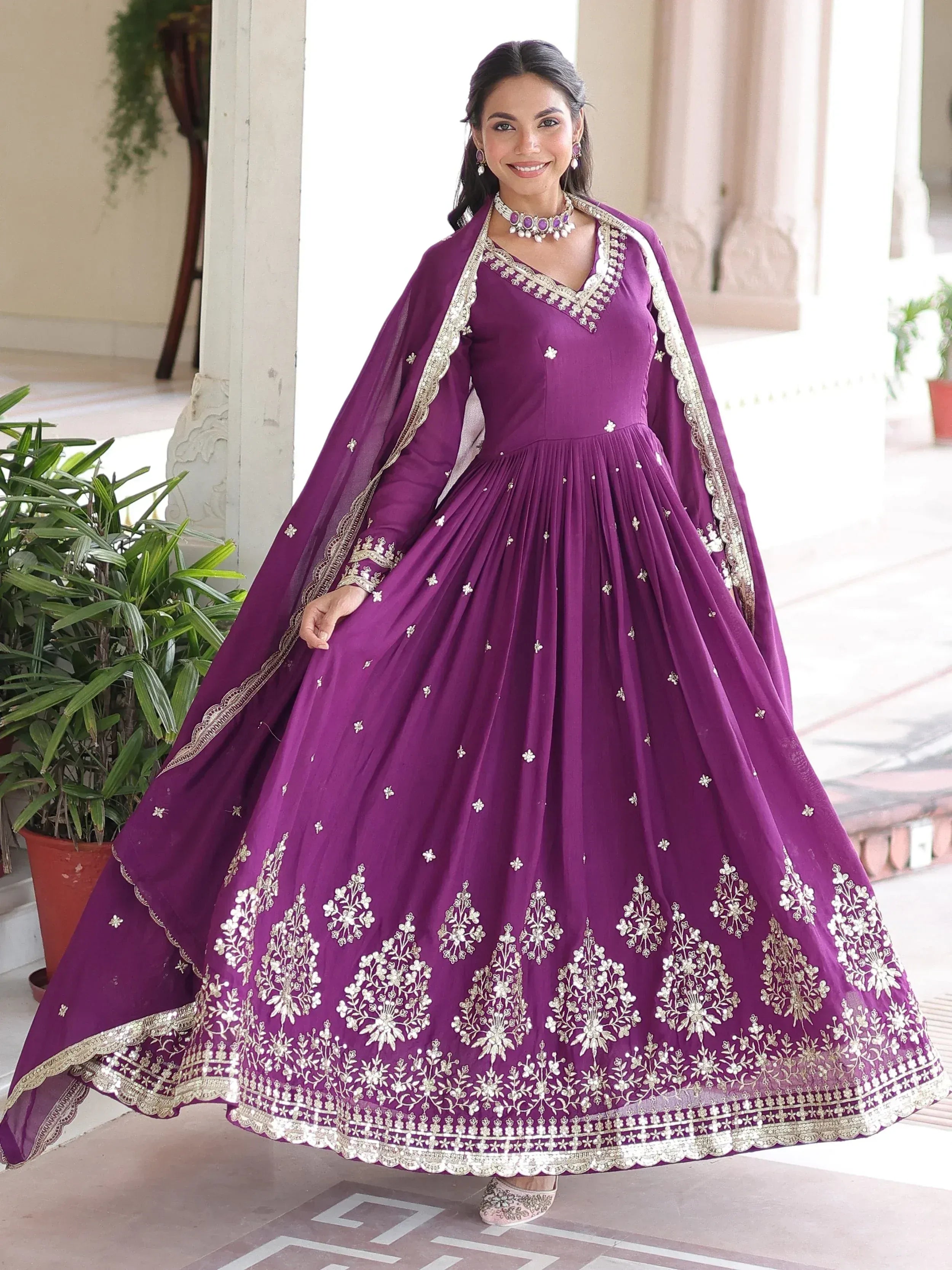 Elegant Purple Embroidered Silk Wedding Wear Gown With Dupatta