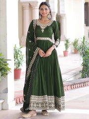 Fantastic Green Embroidered Silk Festive Wear Gown With Dupatta