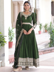 Fantastic Green Embroidered Silk Festive Wear Gown With Dupatta