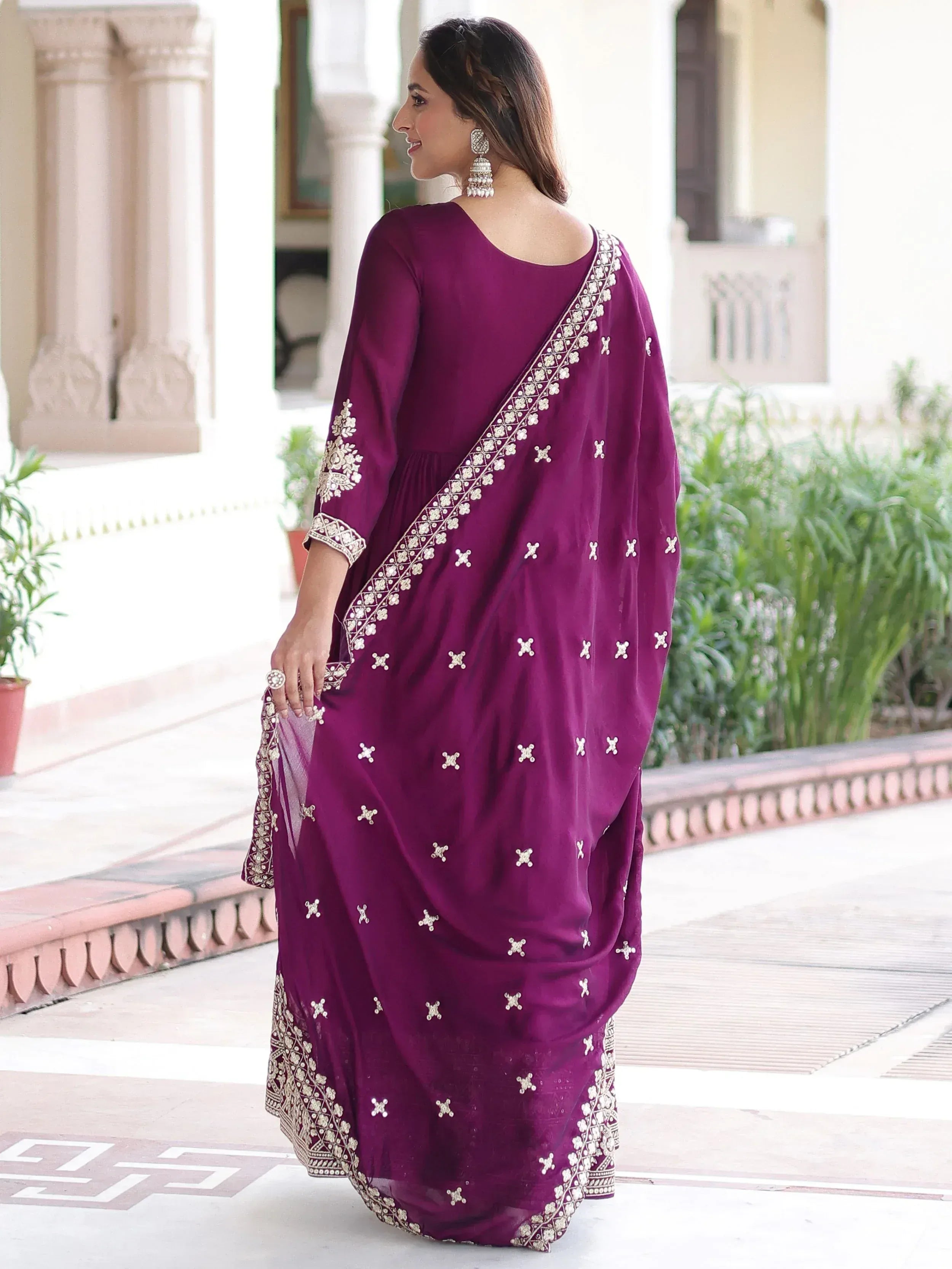 Fabulous Purple Embroidered Silk Wedding Wear Gown With Dupatta