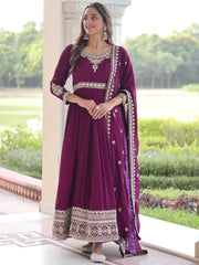 Fabulous Purple Embroidered Silk Wedding Wear Gown With Dupatta