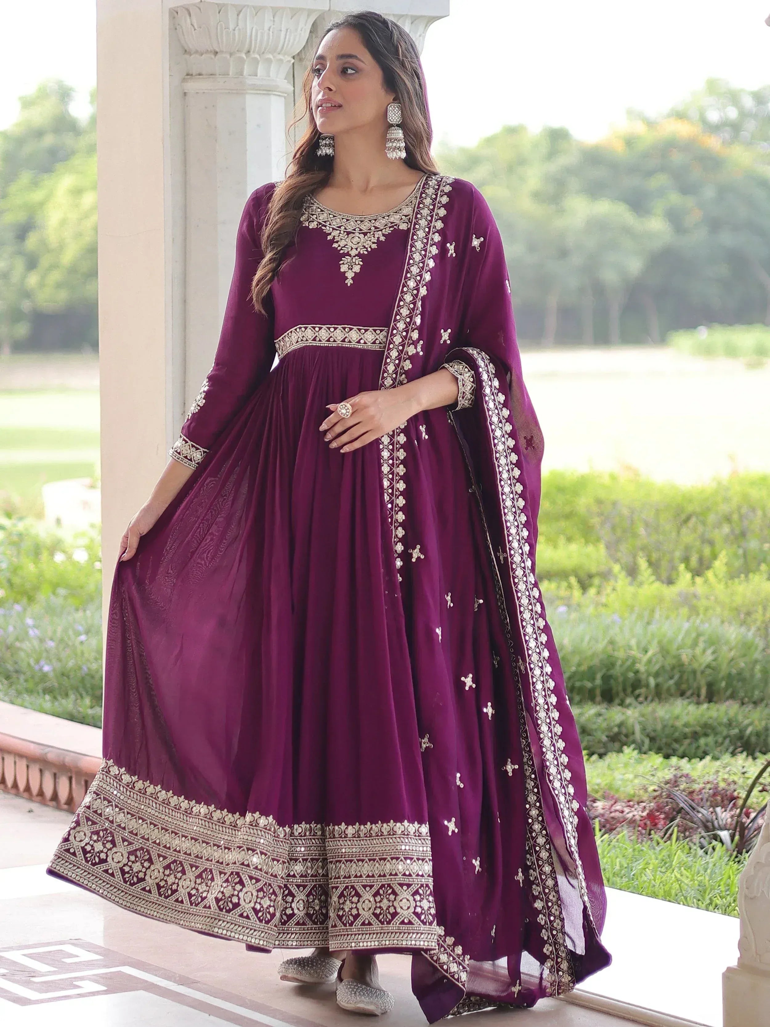 Fabulous Purple Embroidered Silk Wedding Wear Gown With Dupatta