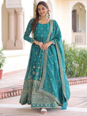 Enchanting Green Embroidered Silk Function Wear Gown With Dupatta