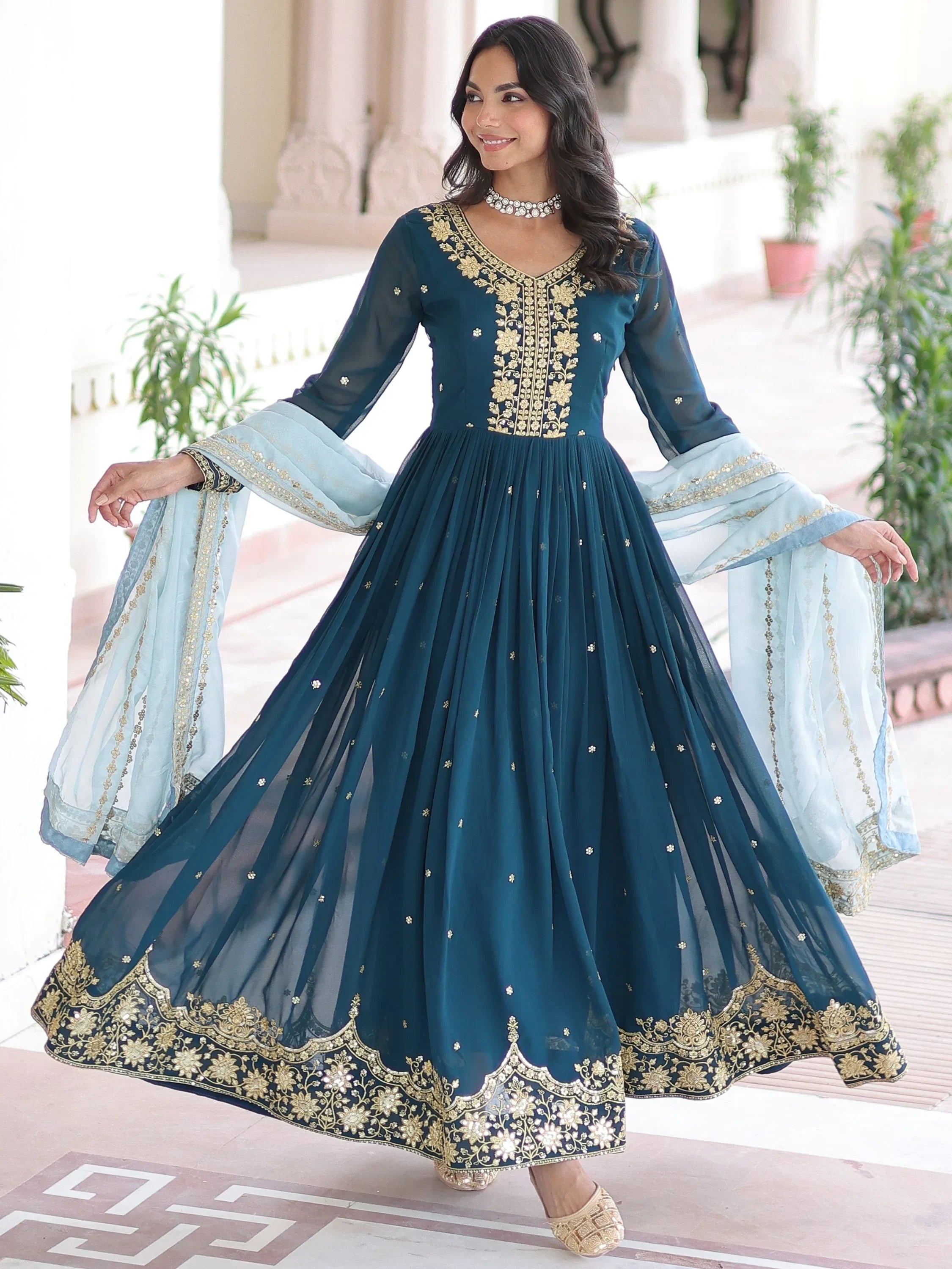 Charming Teal Blue Sequins Wedding Wear Gown With Dupatta