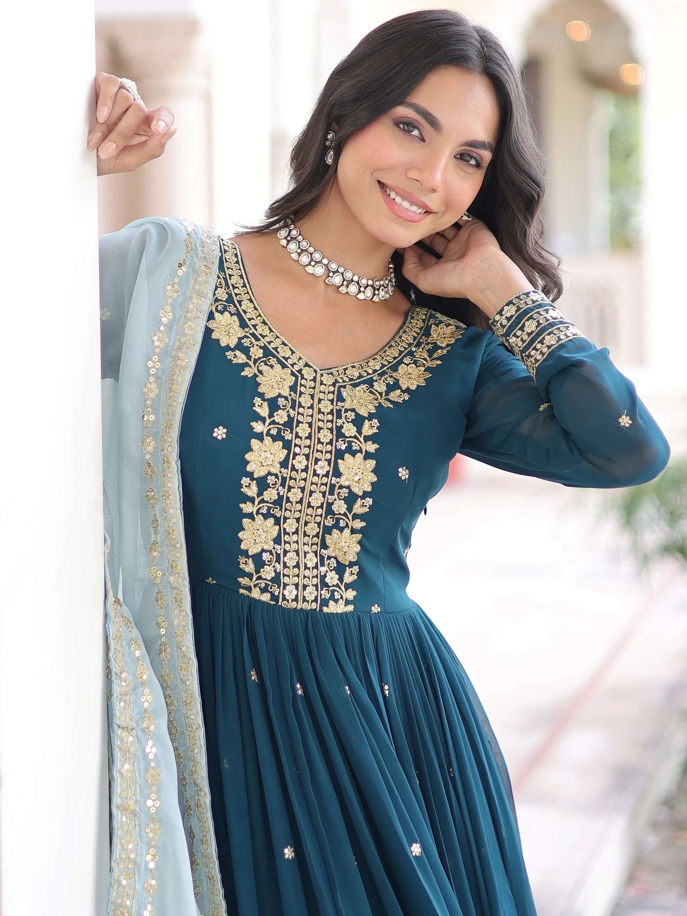 Charming Teal Blue Sequins Wedding Wear Gown With Dupatta