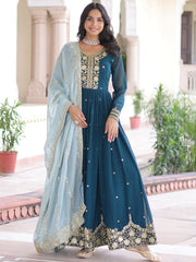 Charming Teal Blue Sequins Wedding Wear Gown With Dupatta