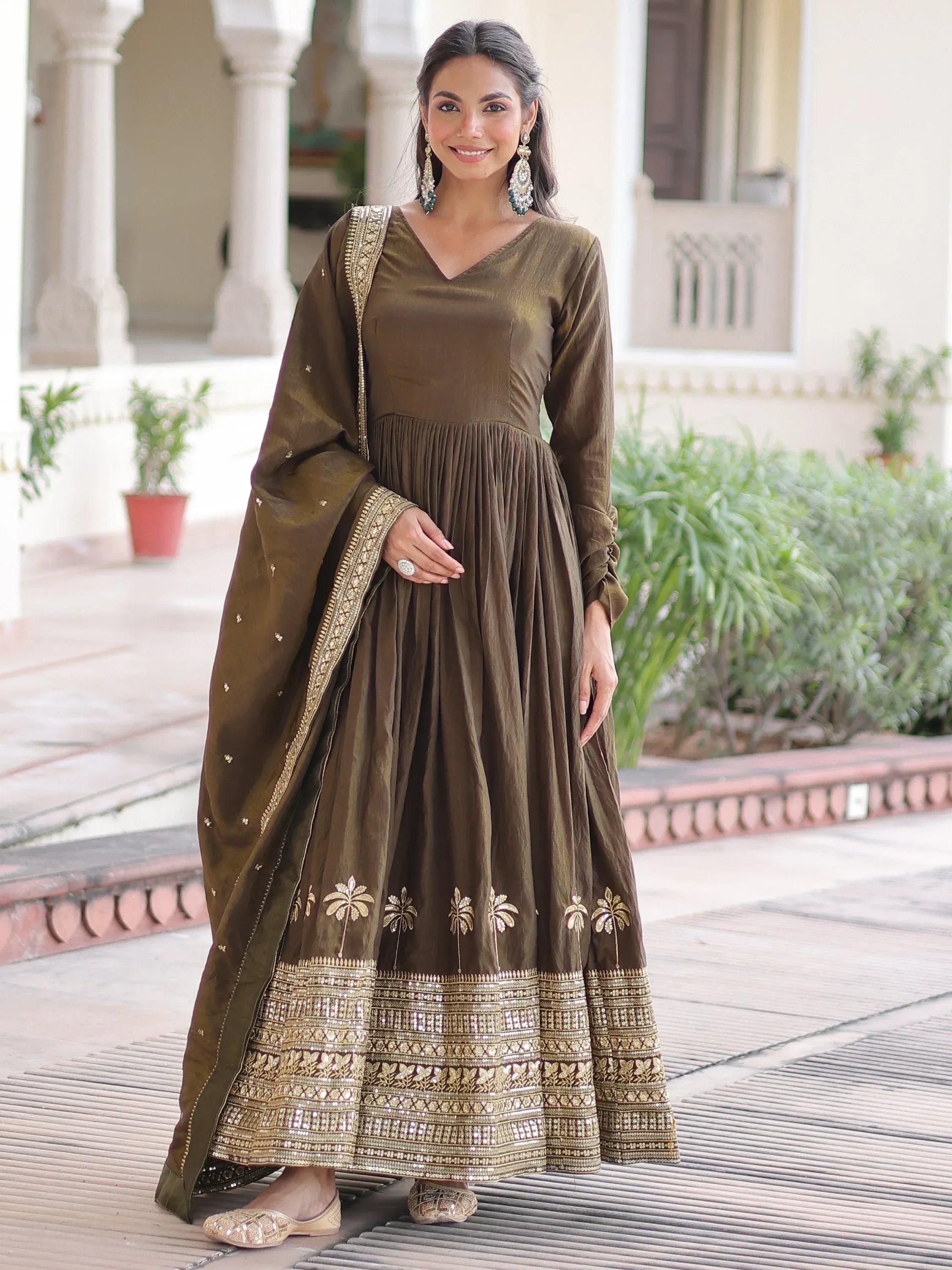 Wonderful Mehendi Green Sequins Silk Wedding Wear Anarkali Gown With Dupatta
